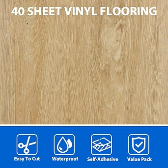 AKOLAFE 40 Sheet Vinyl Flooring 12x12 Peel and Stick Floor Tile Waterproof Clearance Vinyl Floor Tiles Light Wood Self Adhesive Floor Tiles Sticky Laminate Flooring for Bathroom Kitchen Basement RV
