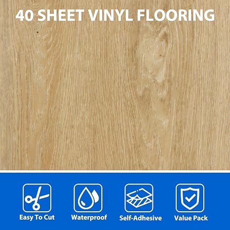AKOLAFE 40 Sheet Vinyl Flooring 12x12 Peel and Stick Floor Tile Waterproof Clearance Vinyl Floor Tiles Light Wood Self Adhesive Floor Tiles Sticky Laminate Flooring for Bathroom Kitchen Basement RV