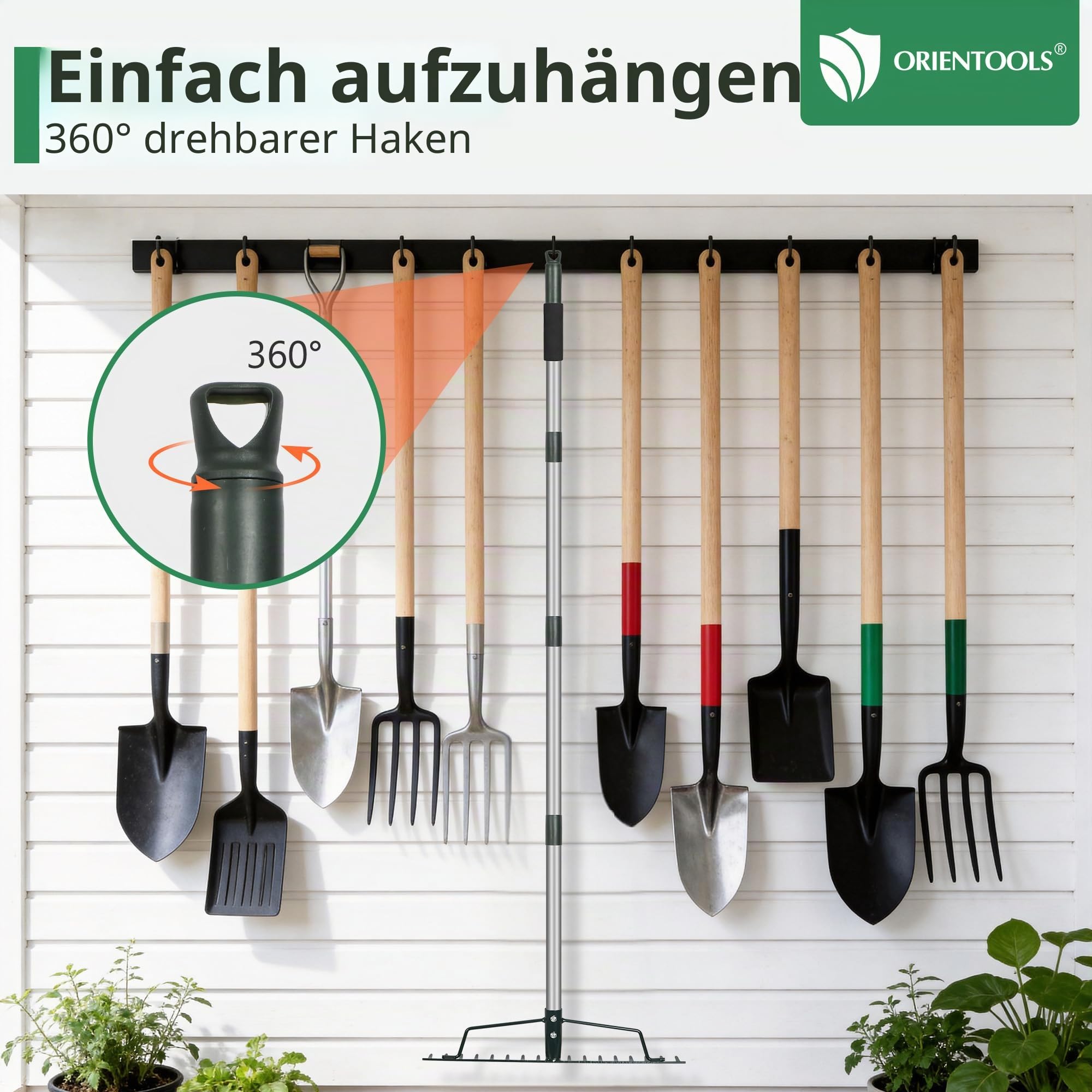 ORIENTOOLS Gartenrechen, schwere Ausführung, 44 cm Breite, 160 cm Stiellänge, 1,7 kg für Boden lockern, Laub rechen, Verlegen von Rollrasen, Rasenpflege, Grün