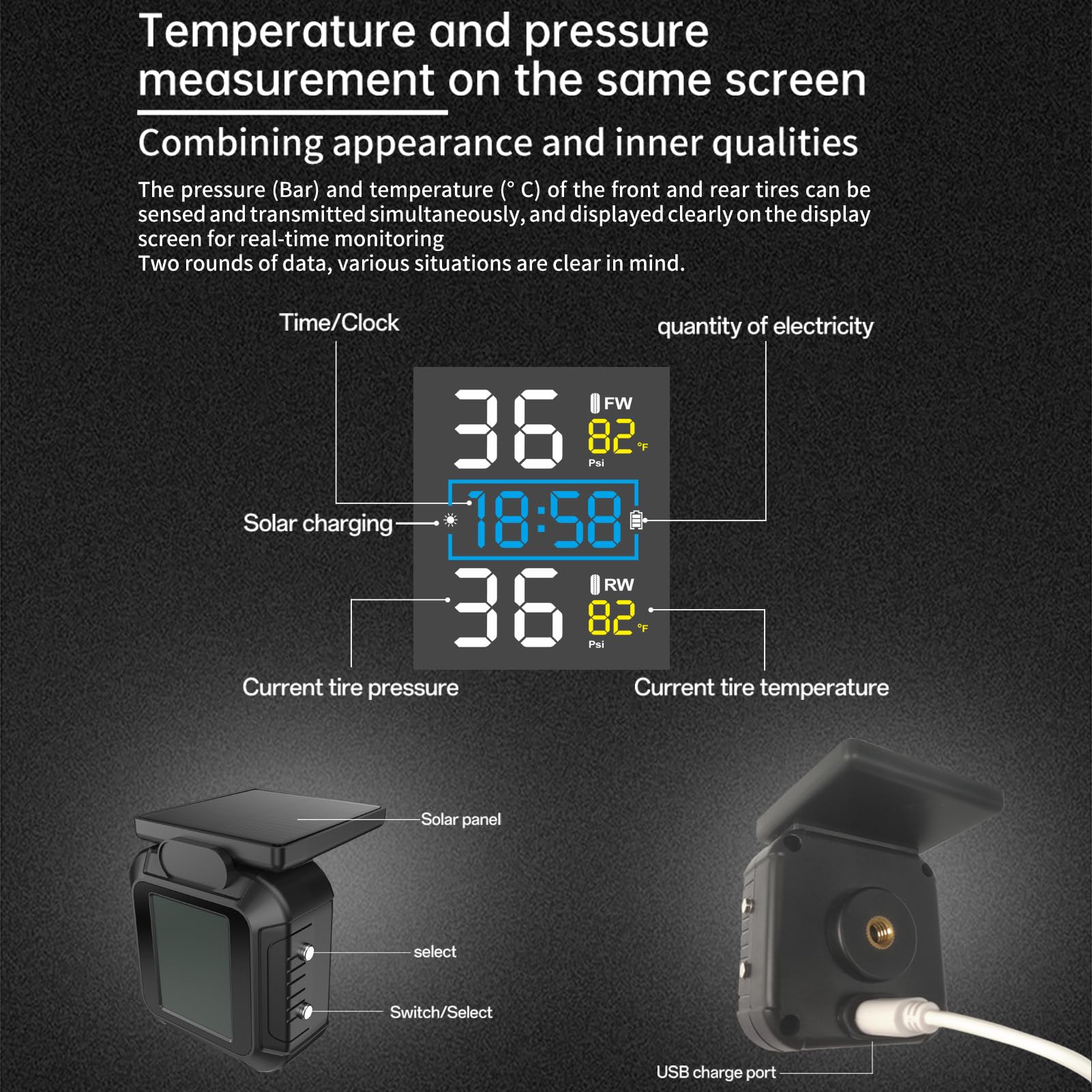 Dual-Reifendruckanzeigemonitor mit Solar, USB-Ladung, Echtzeitalarmen für Sichere Fahrten, Eingebaute Batterie und Externe Sensoren, Reifendruck und Temperaturüberwachungssystem