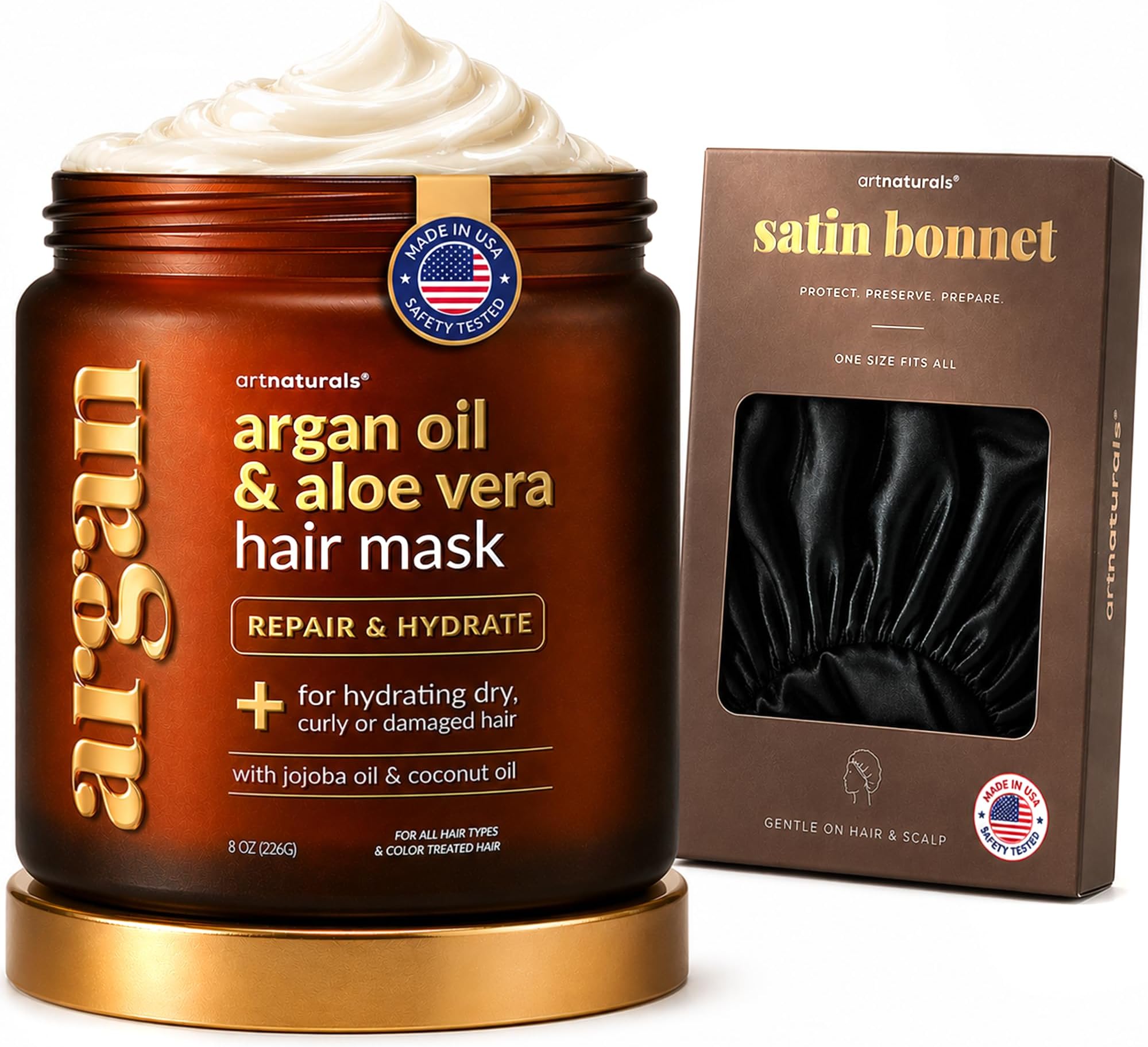 Argan Hair Mask Conditioner + Satin Bonnet Set - (8 Oz/226g) - Deep Conditioning Treatment - Jojoba Oil, Aloe & Keratin - Repair Dry, Damaged, Color Treated, Hair Growth - Sulfate Free
