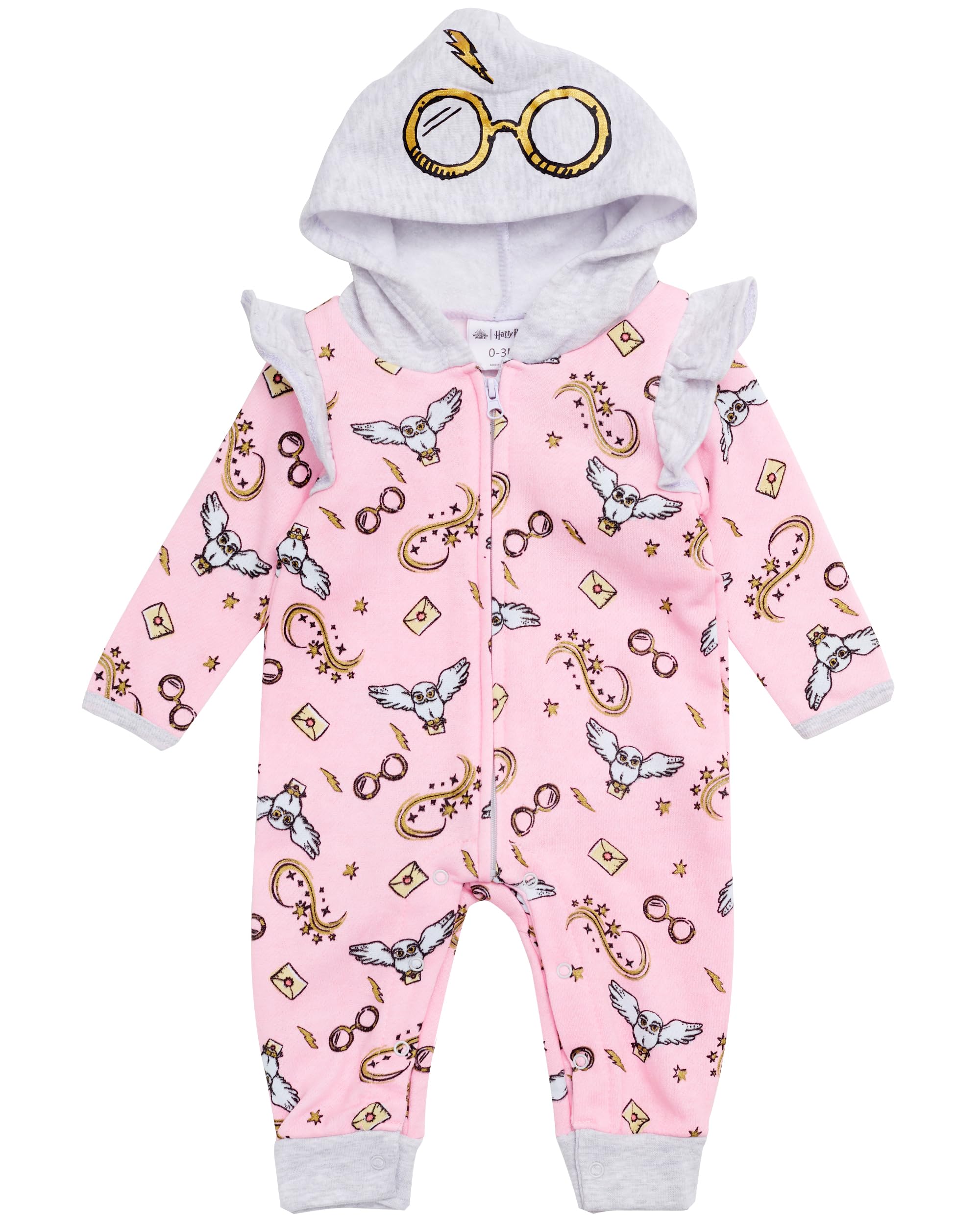Harry Potter Baby Girls Hooded Bodysuit - Sweatshirt Fleece Zip Up One Piece Baby Clothes (Pink/Grey, 24M)