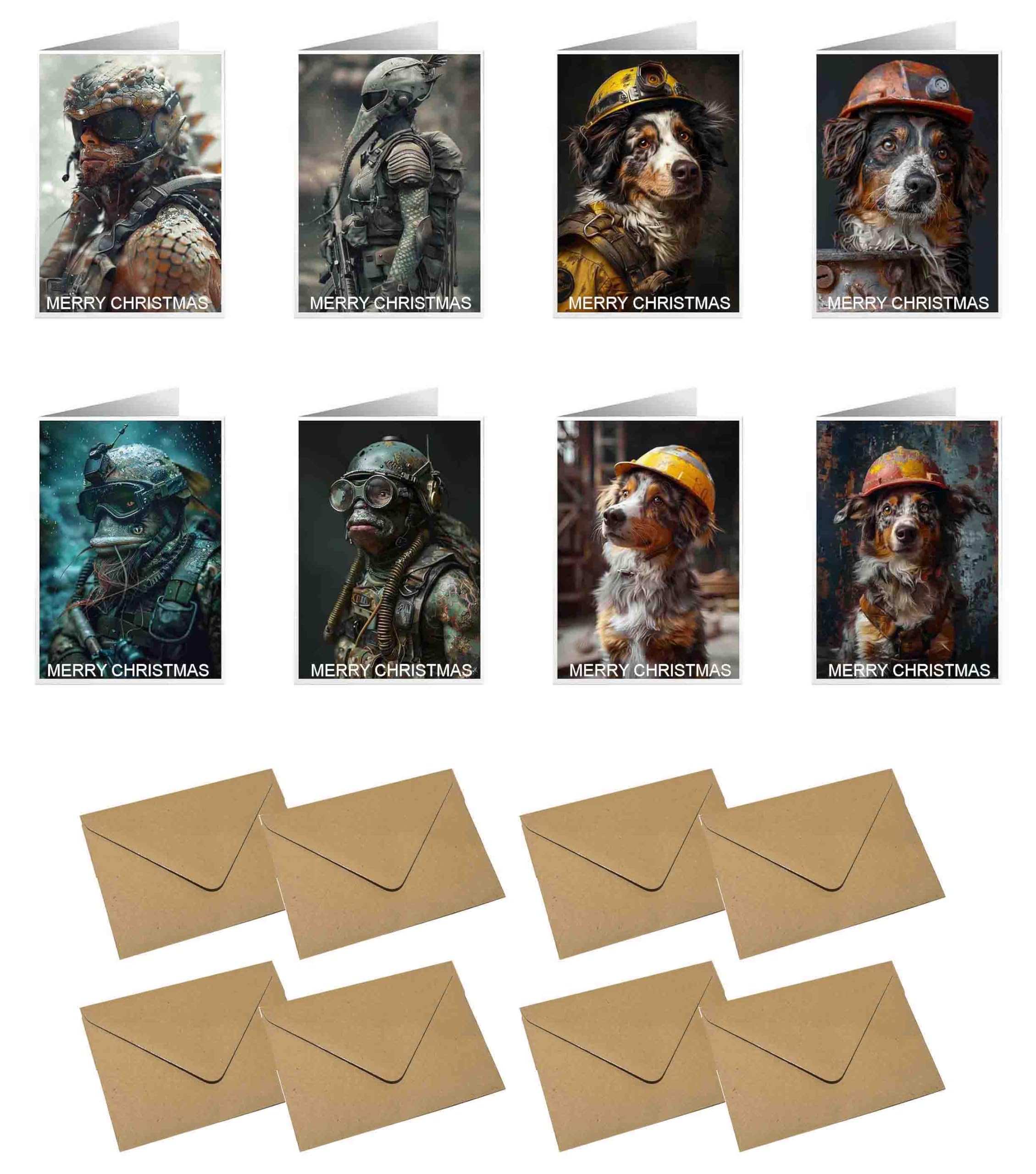 Lot de 8 cartes de vœux amusantes et réalistes avec 8 enveloppes - Dimensions : 105 x 148,5 mm - Motif berger américain miniature - Sirène et soldat