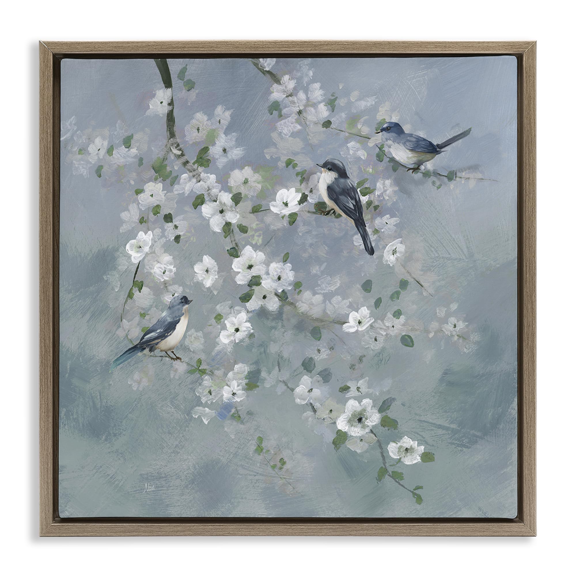 Stupell Industries Montalcino Elm (Textured) Serene Birds And White Blooms, 24 X 24 Inch Canvas In Floater Frame