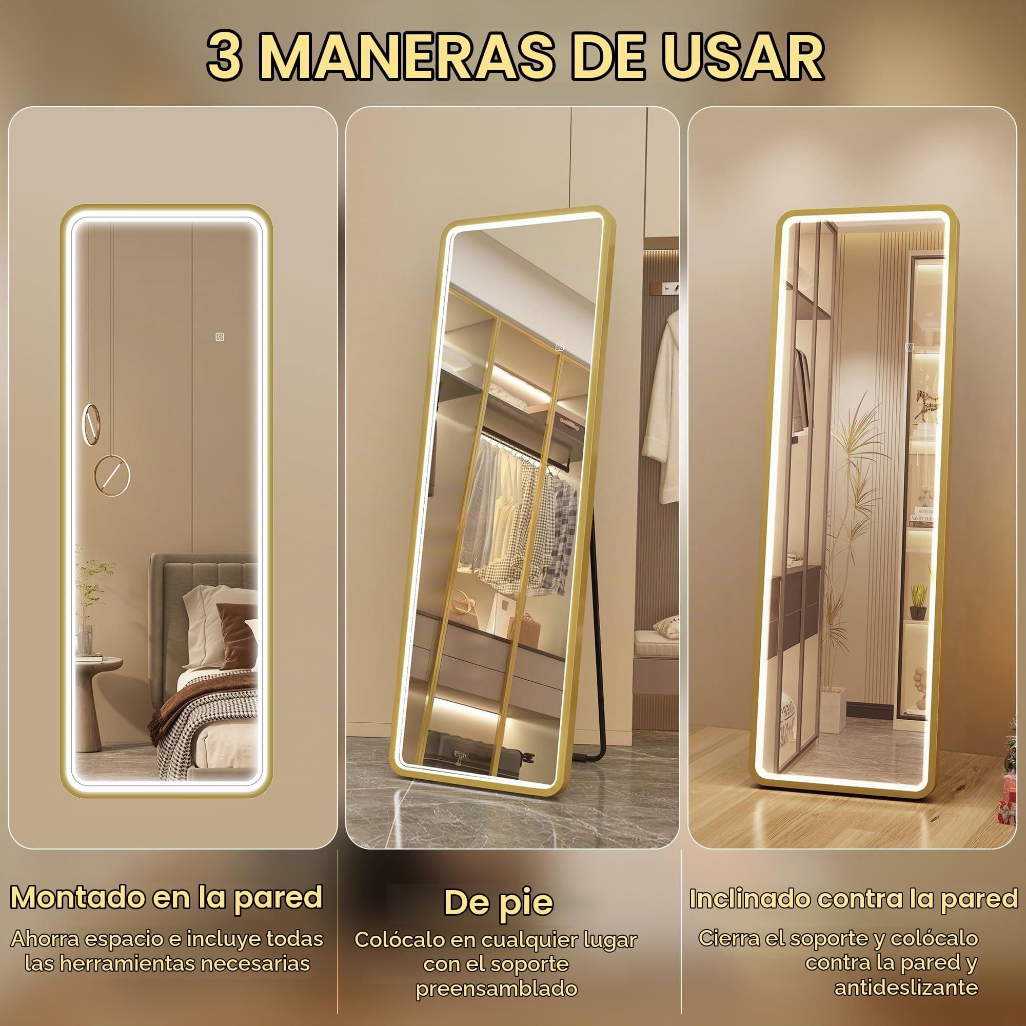 S'bagno 160 x 50 cm Espejo de pie con iluminación LED, Marco de Aluminio