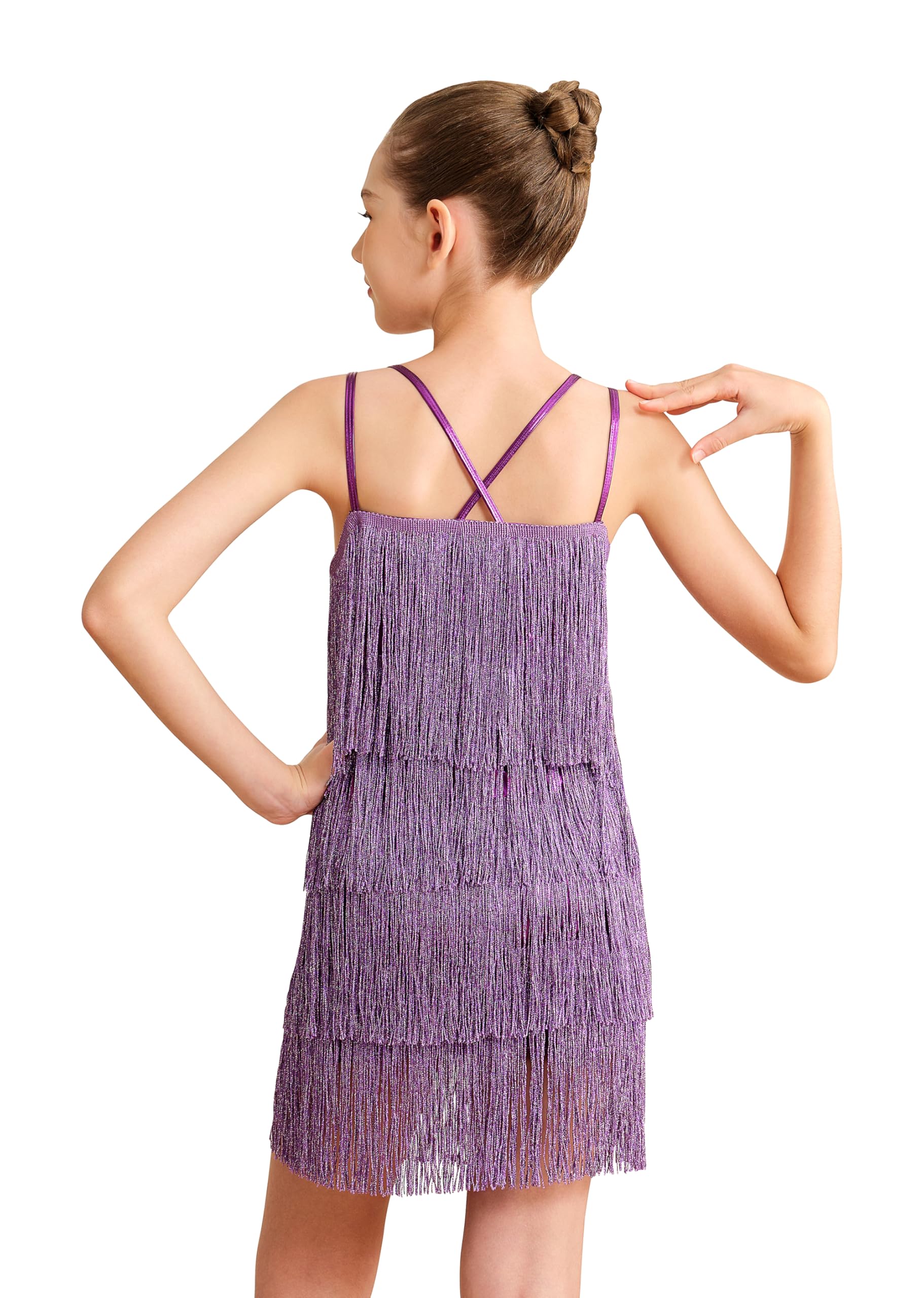 Vestito da ragazza latina con nappa scintillante, vintage, da ballo, per bambini, con frange lirice, gonna doppia, crisscross back performance, ballroom party