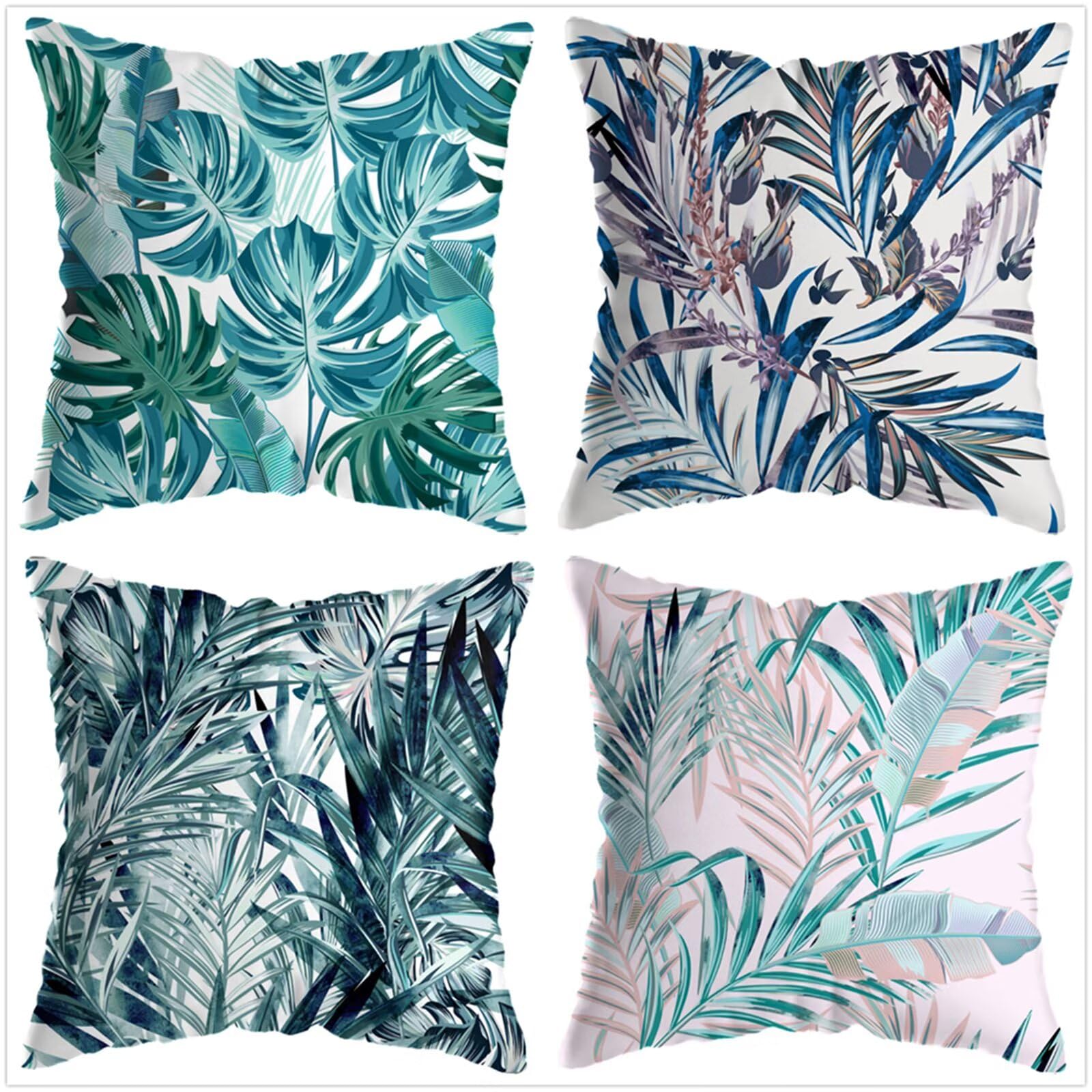 Juego de 4 Impermeable Funda de Cojín Hojas de palma tropicales,45x45cm Moderno Suave Transpirables Lino Fundas de Almohada Cojines Decor con Cremallera Oculta para Exterior Sofá Cama Coche Hogar