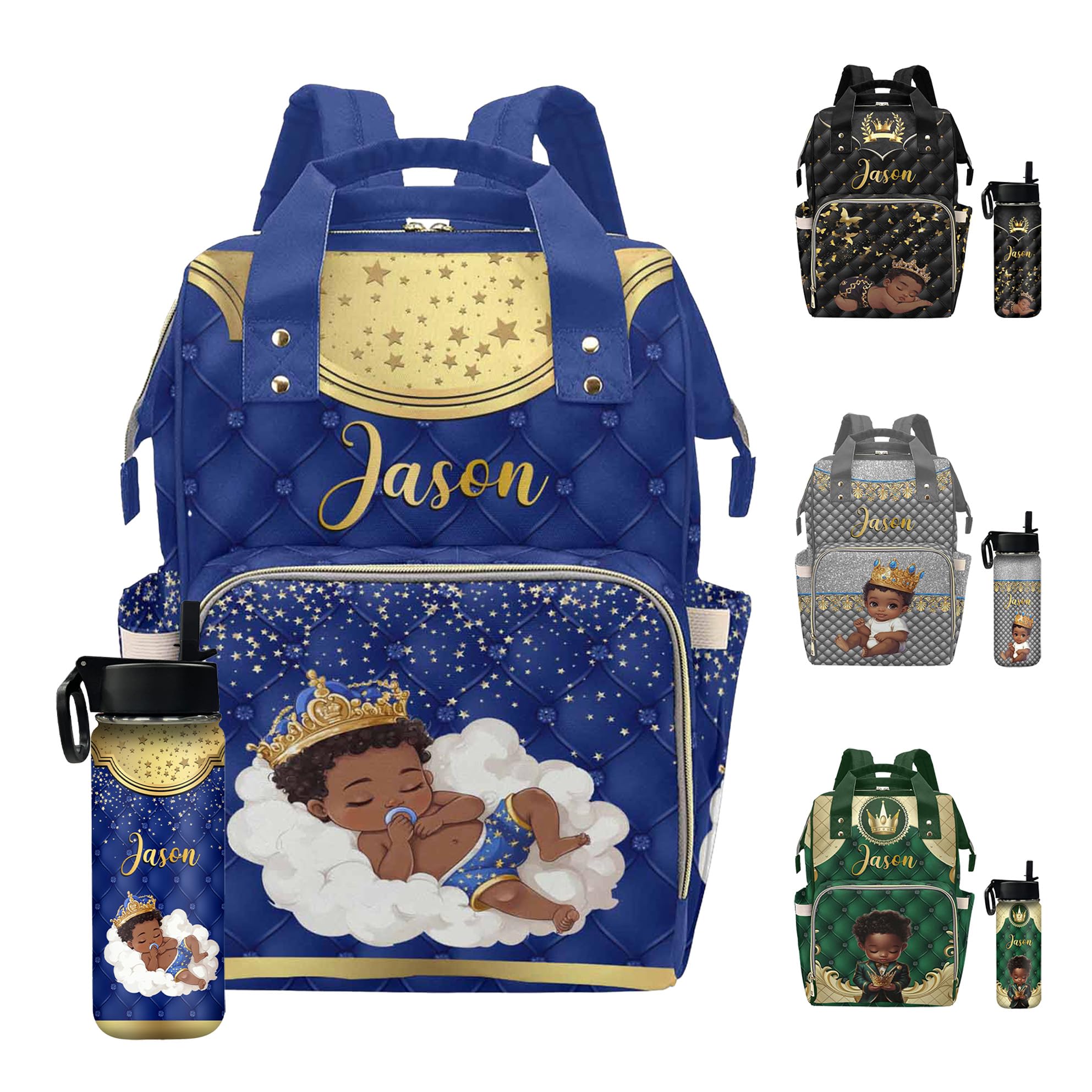 VPrtious Personalized Diaper Bag Mommy Bag with Multi-function Shoulders Outdoor Backpack for Newborn Baby Boy Crown, Customized Nappy Backpack with Thermal Pockets Nursing Bags for New Year