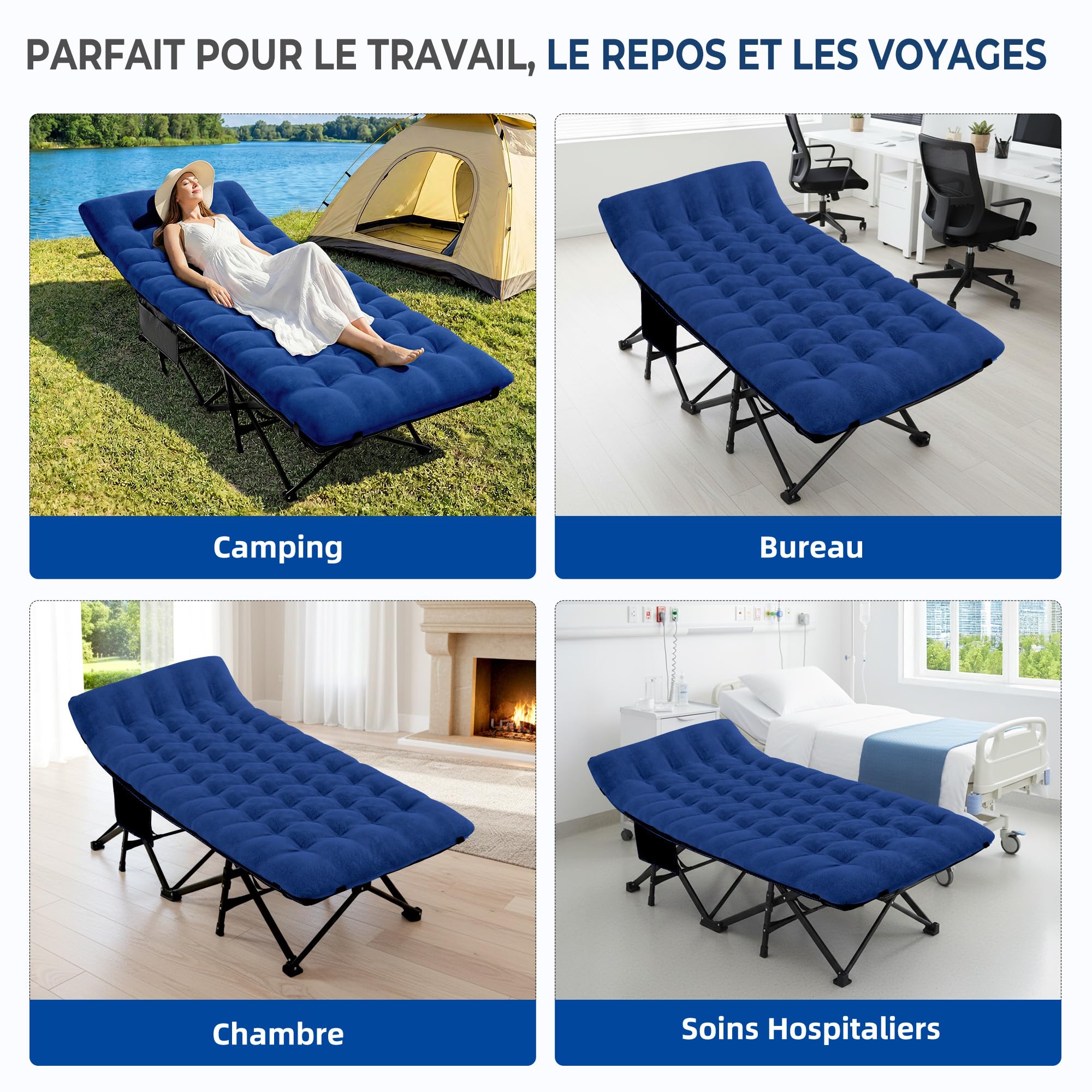 Palawano Lit de Camp Pliable Adultes avec Matelas, Sac de Transport, Bain de Soleil Supportant Jusqu’à 150 KG, Chaise Longue Pliante Camping Robuste pour Invités, Bureau ou Voyage