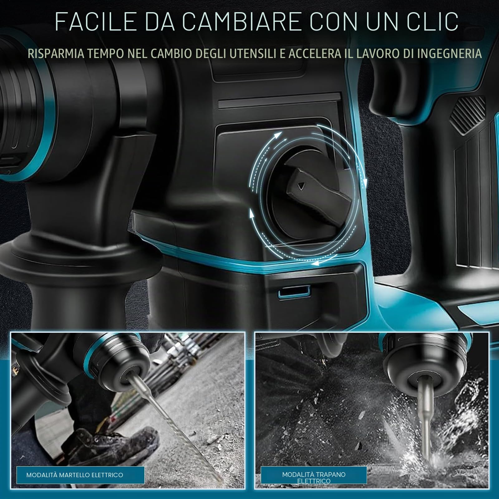 LIROPAU Trapano a Percussione, Trapano Tassellatore a Batteria con 8 Trapani e Guanti, 2,2 J, 1400 U/min, 4200 bpm, Sostituisci Rapidamente i Mandrini SDS-Plus (senza batteria)
