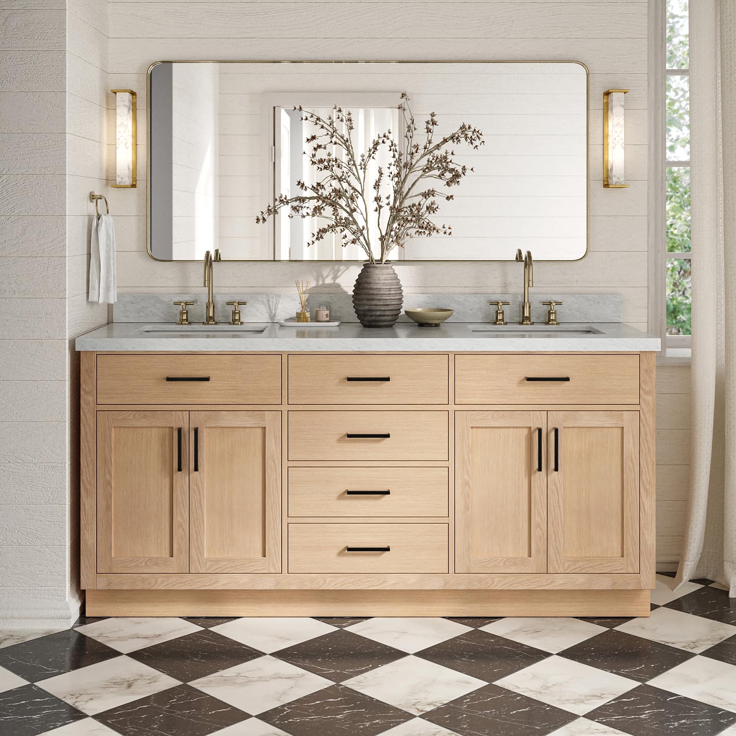 ARIEL Hepburn 72-inch Bathroom Vanity with Sink,Solid Wood, 1.5-inch Italian Carrara Marble Countertop, Double Rectangular Porcelain Sink, 4 Soft