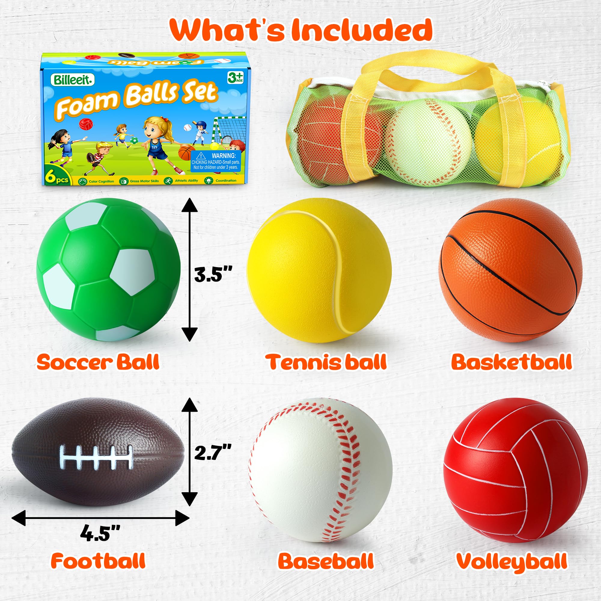 Billeeit Juego de Mini Pelotas Deportivas para niños de 1 a 3 años, Bolsa de Deporte para niños, Incluye 1 de Cada uno de 8.9 cm de Espuma de fútbol, Pelota de Tenis, Baloncesto, fútbol, béisbol