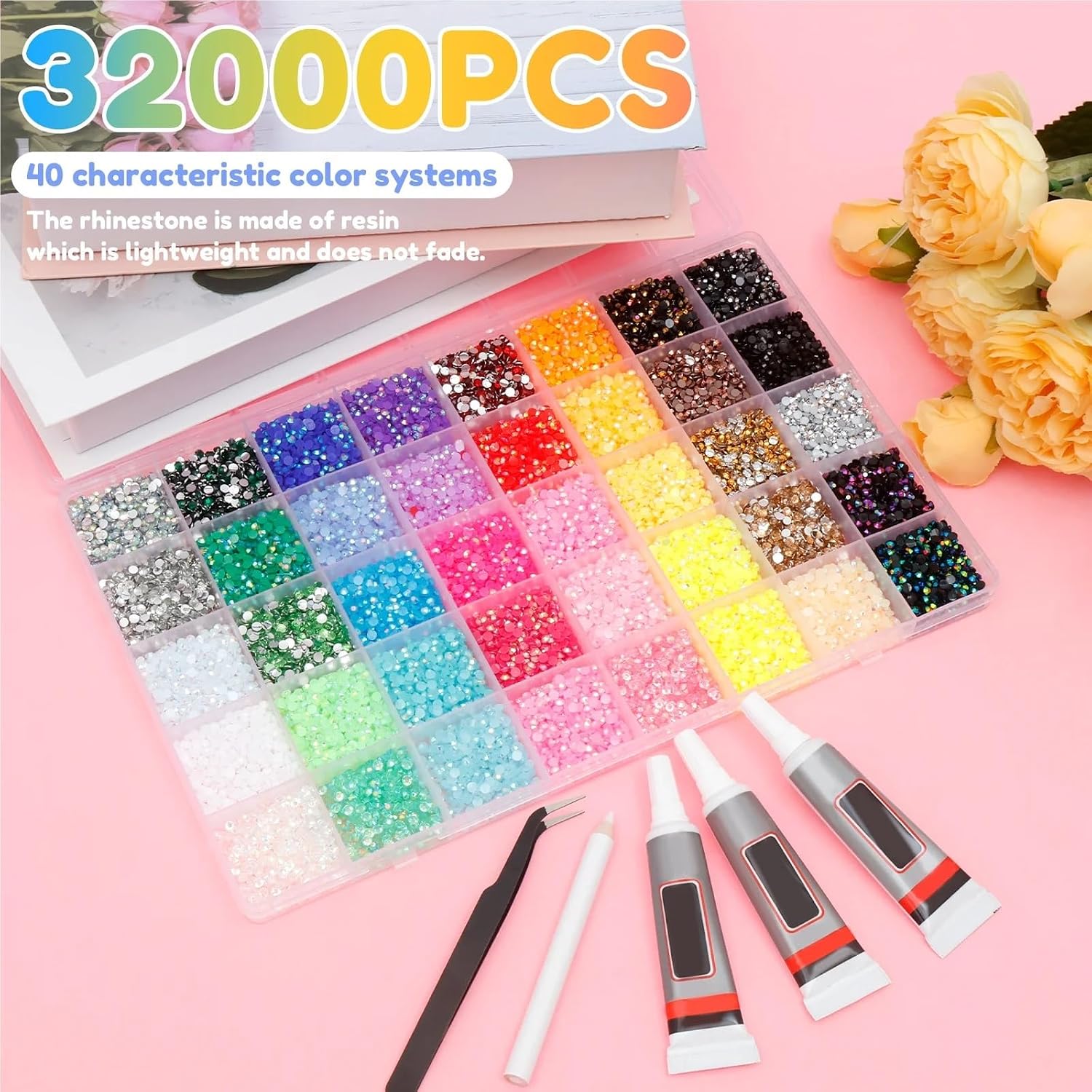 Bedazzler Kit with Rhinestone 32000pcs Resin Jelly Rhinestones for Bedazzling Mixed-Color 3mm Flatback Gems for Diamond Art Bedazzler Kit for Adding Sparkly Bling to Bags,Nails,Decors