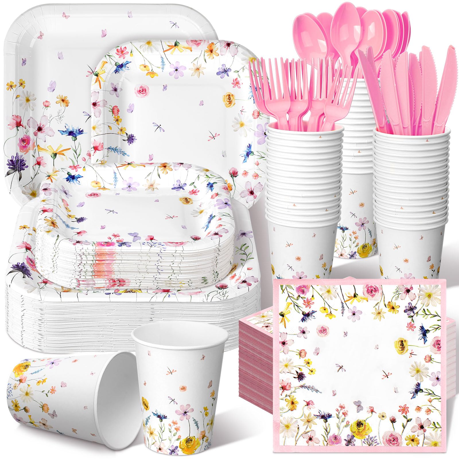 Suttmin 350 Pcs Wildflower Paper Plates and Napkins Set 9 Inch 7 Inch Disposable Durable Spring Floral Dinnerware Set Wedding Baby Shower Party