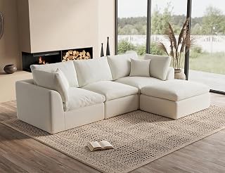 Ohllob 110" Cloud Sectional Sofa: Modular L-Shape 3-Seater Couch with Ottoman, No Assembly, Warm White