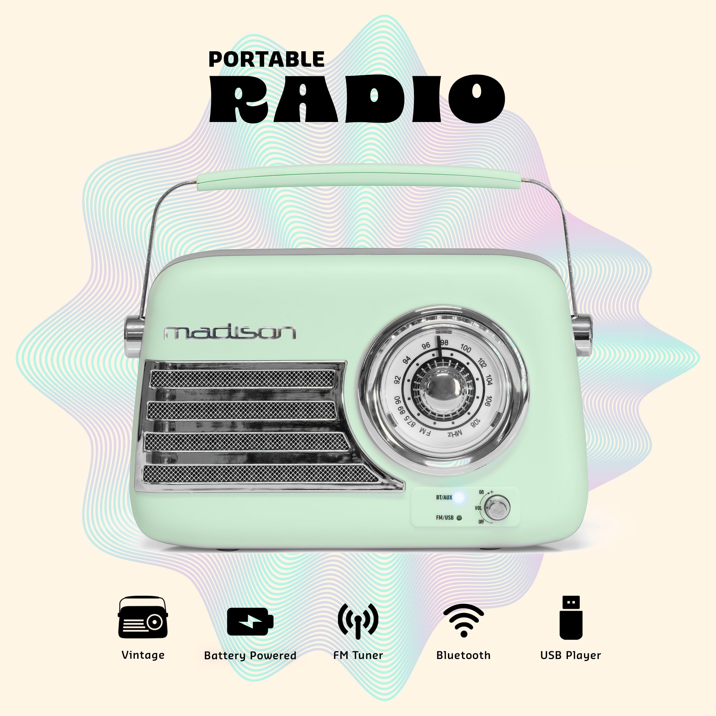 Madison - FREESOUND-VR40GR-MAT - Radio Vintage 30W sur Batterie Longue autonomie - Bluetooth, USB & FM - Vert pâle Mat - Vintage, Nostalgie, rétro