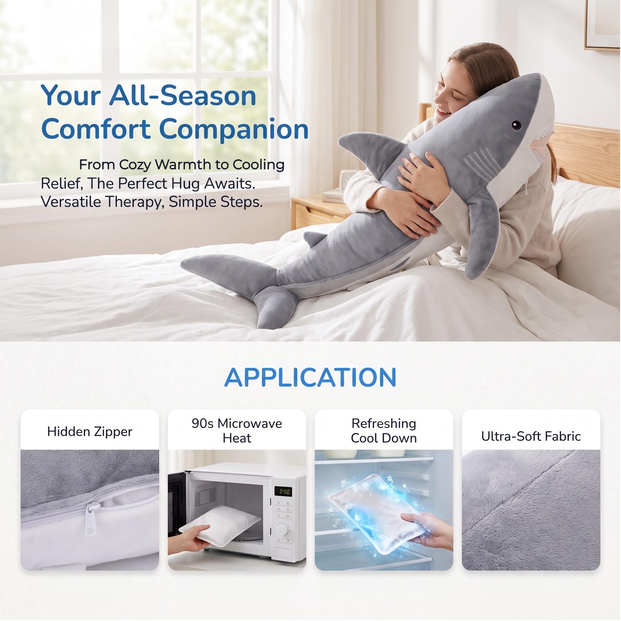Jouet en Peluche lesté Requin Animal Micro-ondable Mignon Super Doux Oreiller Poupée de Compagnie Chaud ou Froid Cadeau pour Tous Les âges Enfants Adolescents et Adultes 75cm 4,4 LB