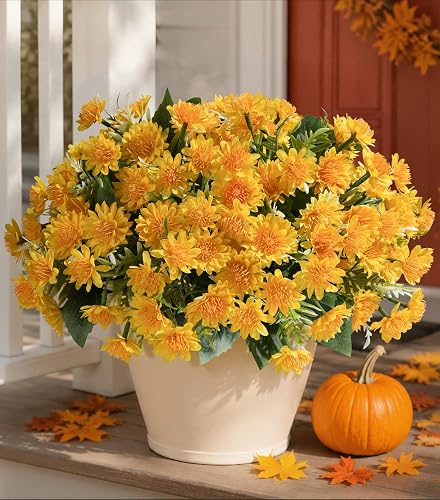 Artificial Fall Mum Flowers for Outdoor, Faux Chrysanthemum Bushes UV