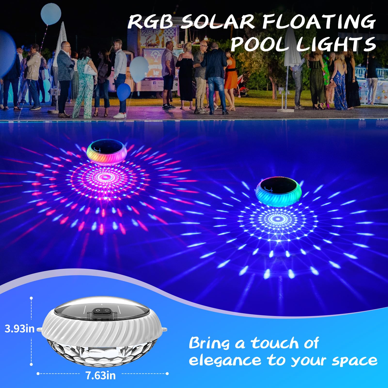 FirstE Schwimmende Pool-Lichter, solarbetrieben, 19,1 cm RGB-dynamische Solar-Pool-Lichter, die schwimmen, oberer und unterer Farbwechsel, schwimmendes Licht für Pool, IP68 wasserdichte Dekoration für