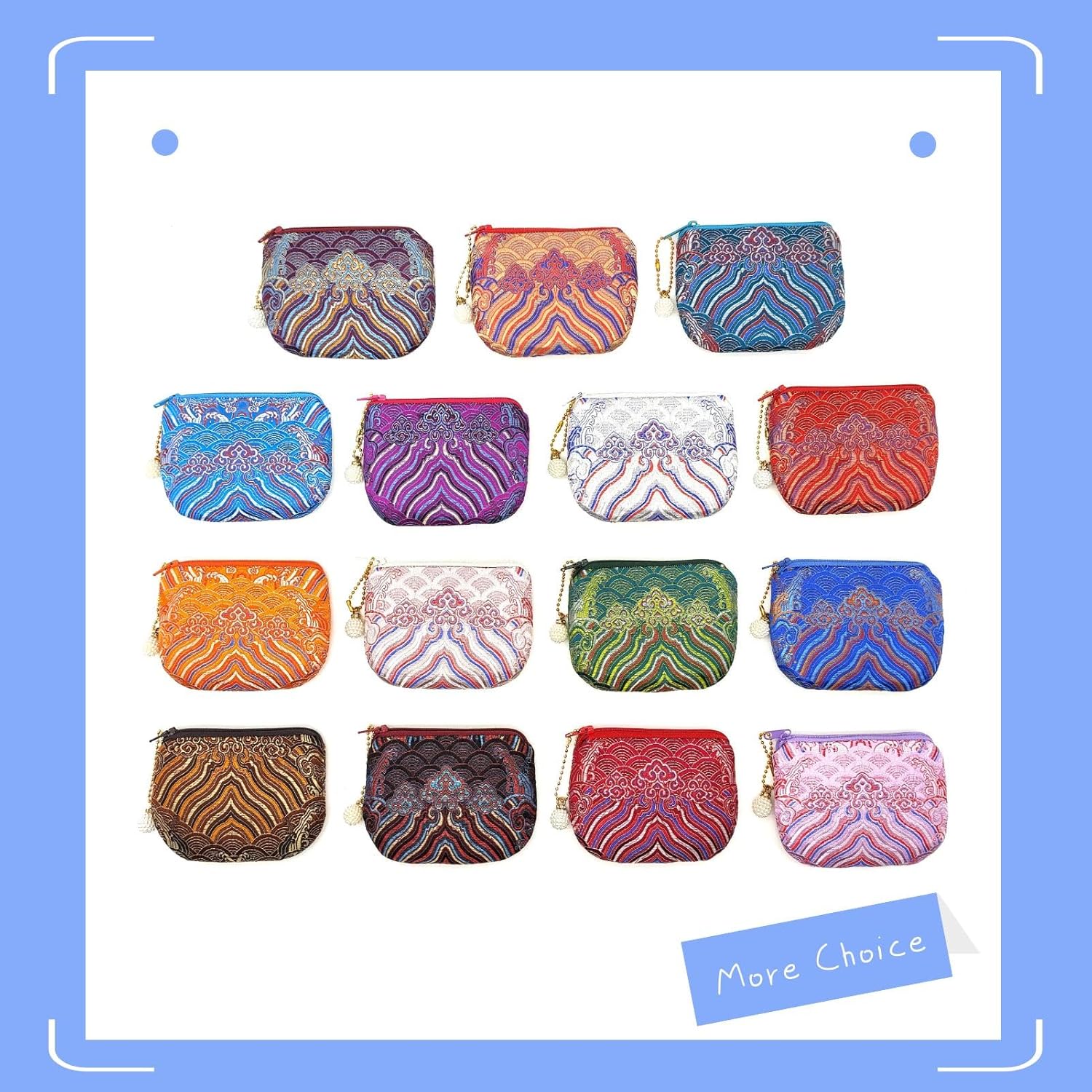 Handmade Jewelry Pouch Women Coin Purse Brocade Zipper Wallet Silk Rosary Bag - SkyBlue - Image 6