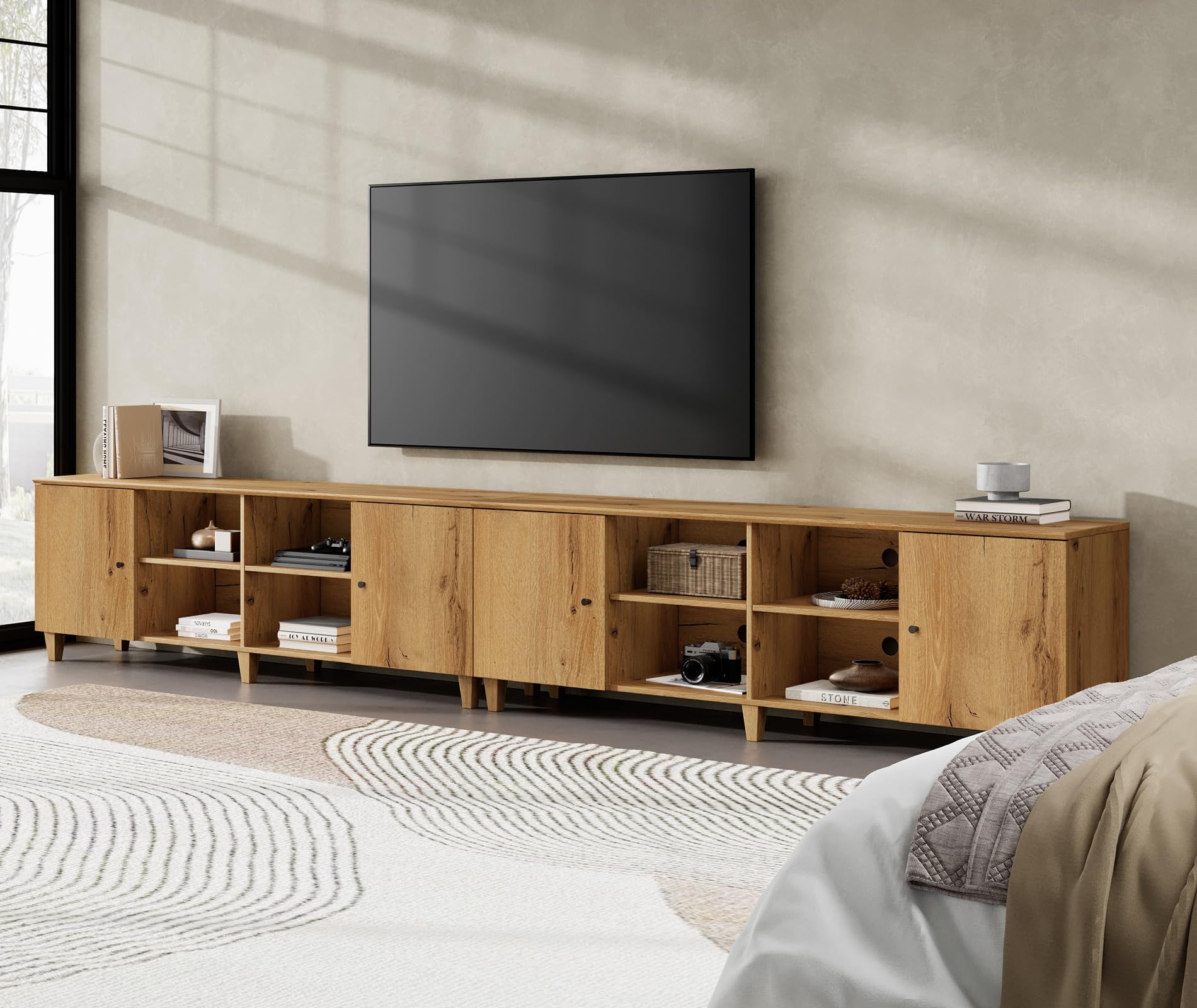 WAMPAT Set of 2 Mid-Century Modern TV Stand for 100+ Inch TVs, Wood Entertainment Center with Doors, Extra Wide Media Console Table with Adjustable