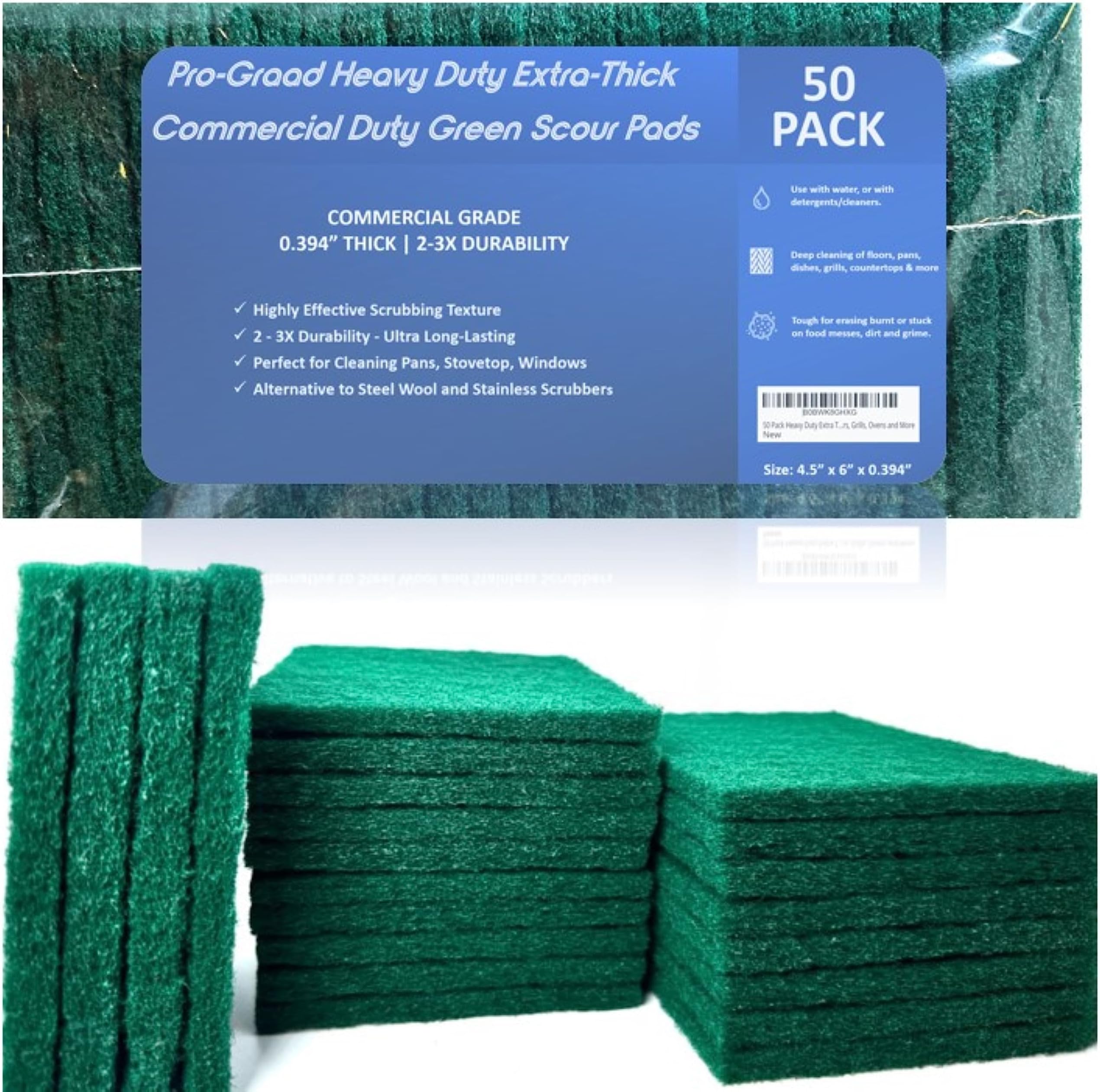 Pro-Graad 50 Pack Green Scouring Pads, Dish Scrubber Scouring Pads, 4.5 x 6 inch, Extra Thick and Durable, Reusable Household Scrub Pads for Cleaning, Dishes, Kitchen Scrubbers, Grills, Ovens and More