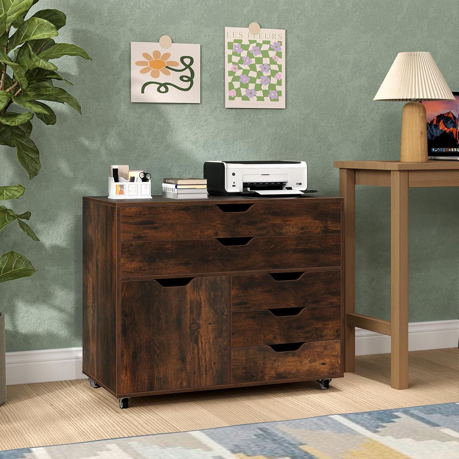 LOKO Rolling 5-Drawer File Cabinet, Mobile Chest of Drawers with 5 Casters, Modern Lateral Filing Cabinet, Printer Stand for Living Room, Study, Home Office (Rustic Brown)