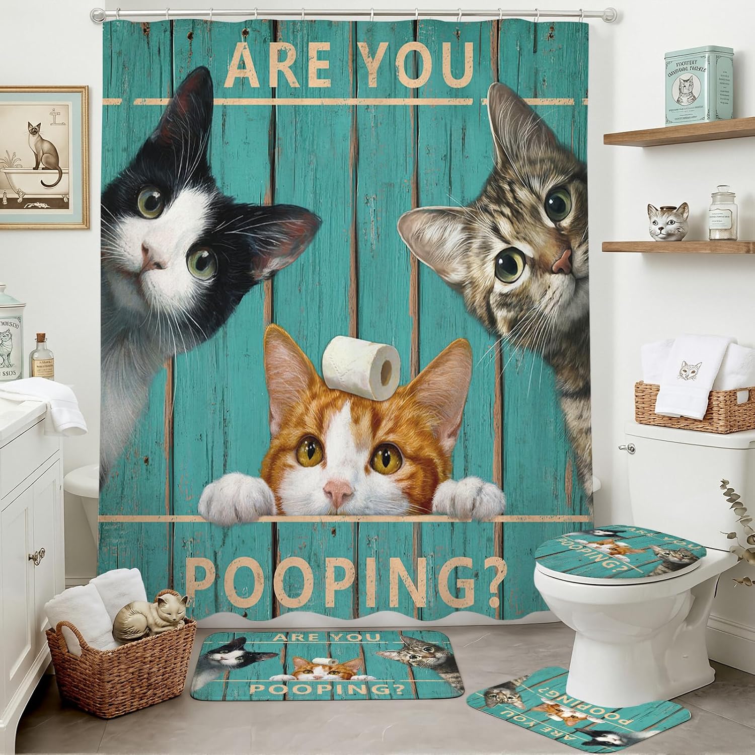 Mocsicka Vintage Funny Cat Shower Curtain Set Retro Green Plank Door Farmhouse Black Cat Bath Decor Set Funny Bath Curtain Set with Anti-Slip Waterproof Bathtub Bathroom Rugs Toilet Lid Cover