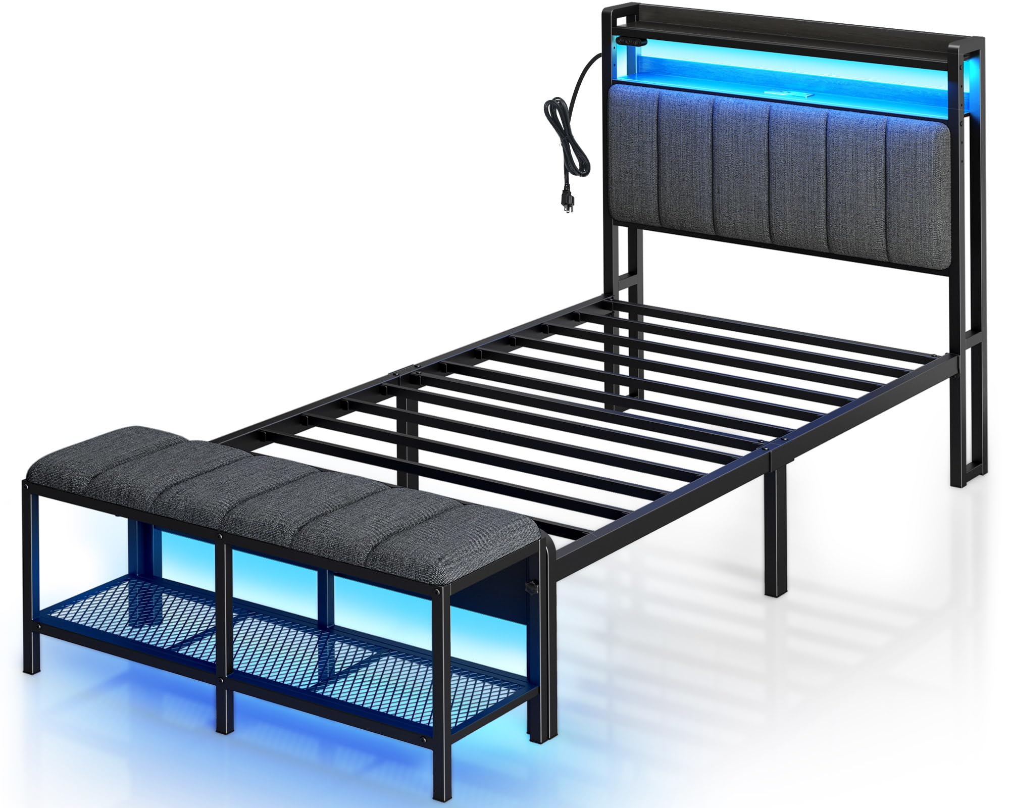 Rolanstar Twin Bed Frame with Charging Station & LED Lights, Upholstered Headboard with Storage Shelves, Heavy Duty Metal Slats, No Box Spring Needed, Easy Assembly,Grey