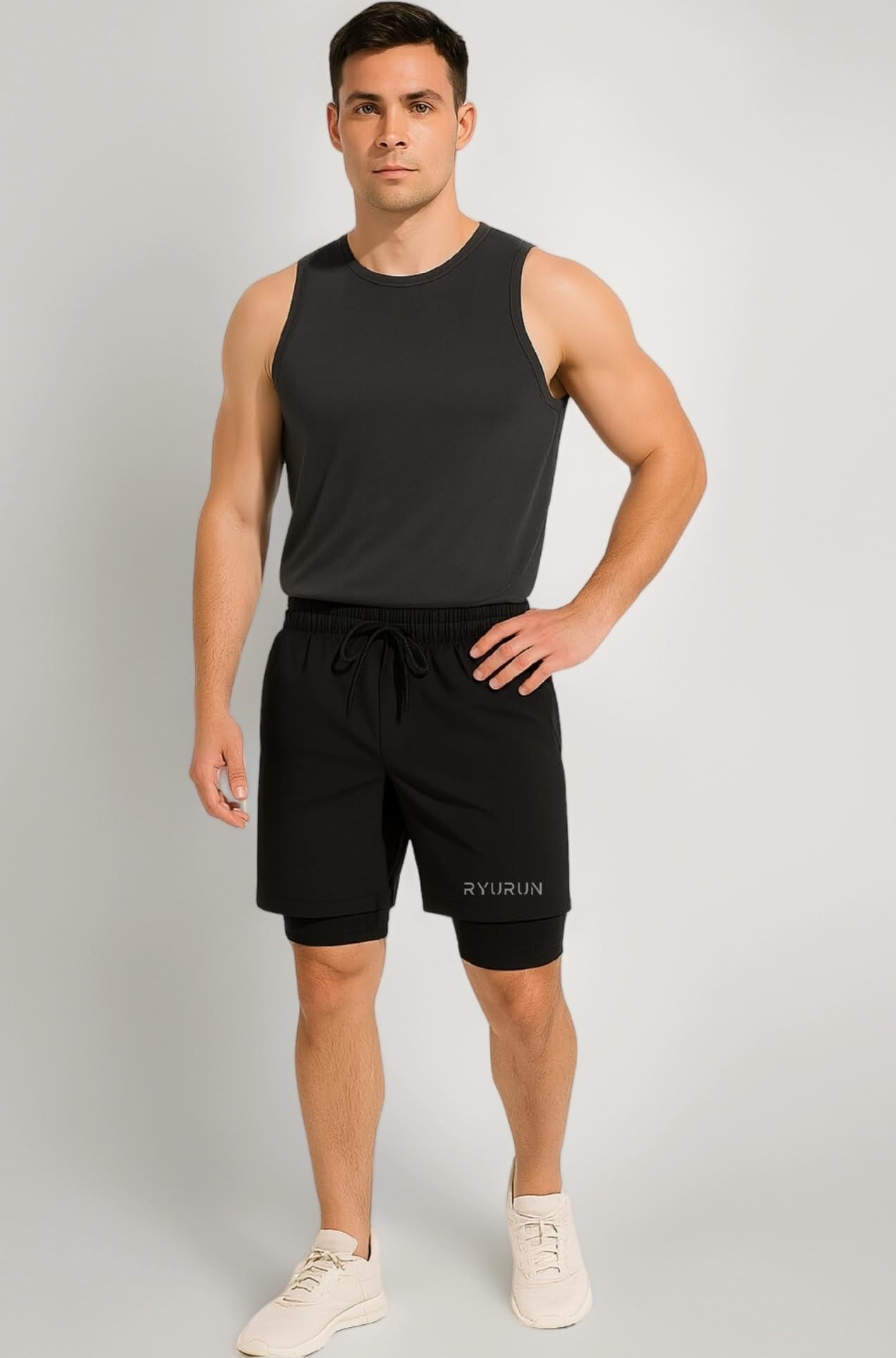 - Men’s 2-in-1 Shift Shorts | Nylon Terry Spandex Fabric | Vinyl Print | Stretch Athletic Gym & Running Shorts with Inner Compression Layer