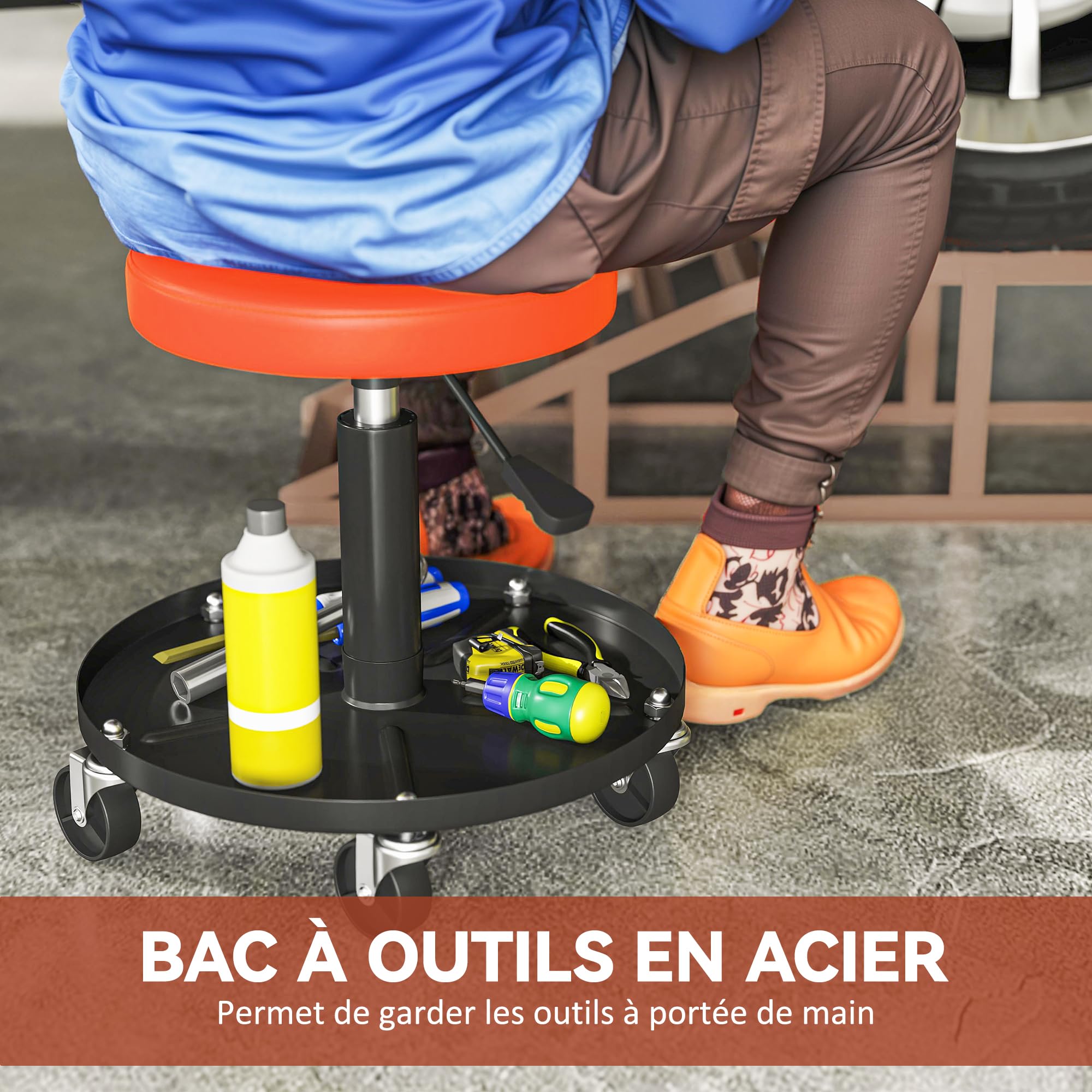 HOMCOM Tabouret d'atelier 5 roulettes 360° Hauteur Réglable 38-50 cm Orange | Tabouret de Mécanicien, Plateau à Outils, Siège d'Atelier pour Garage, Charge Maximale 135 kg