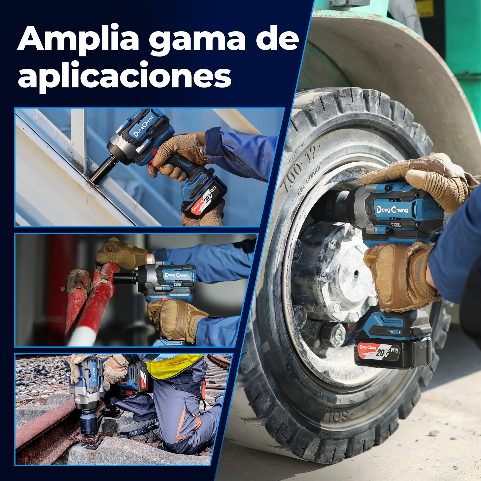 Dong Cheng Llave de impacto a batería sin escobillas 1/2", 1700 Nm, 3 vel (0-1900rpm), 2 bat 5Ah + cargador rápido + 3 dados + maletín. Para coches, camiones y maquinaria pesada