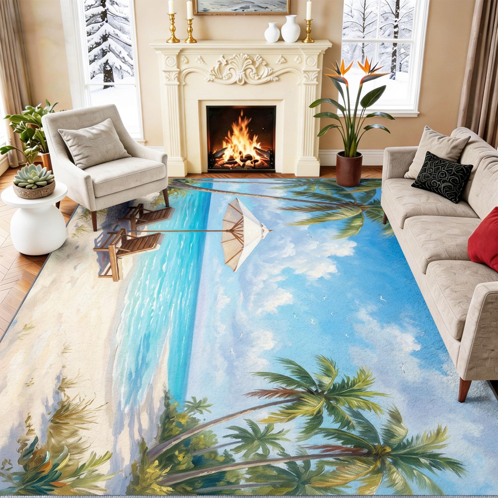 Tropische Landschaft Teppich - Rutschfester Waschbarer Niedriger Flor Teppich für Wohnzimmer, Schlafzimmer, Kinderzimmer, Esszimmer - Liege Sonnenschirm Blauer Meer Strand Kokospalmen, 120 x 170 cm