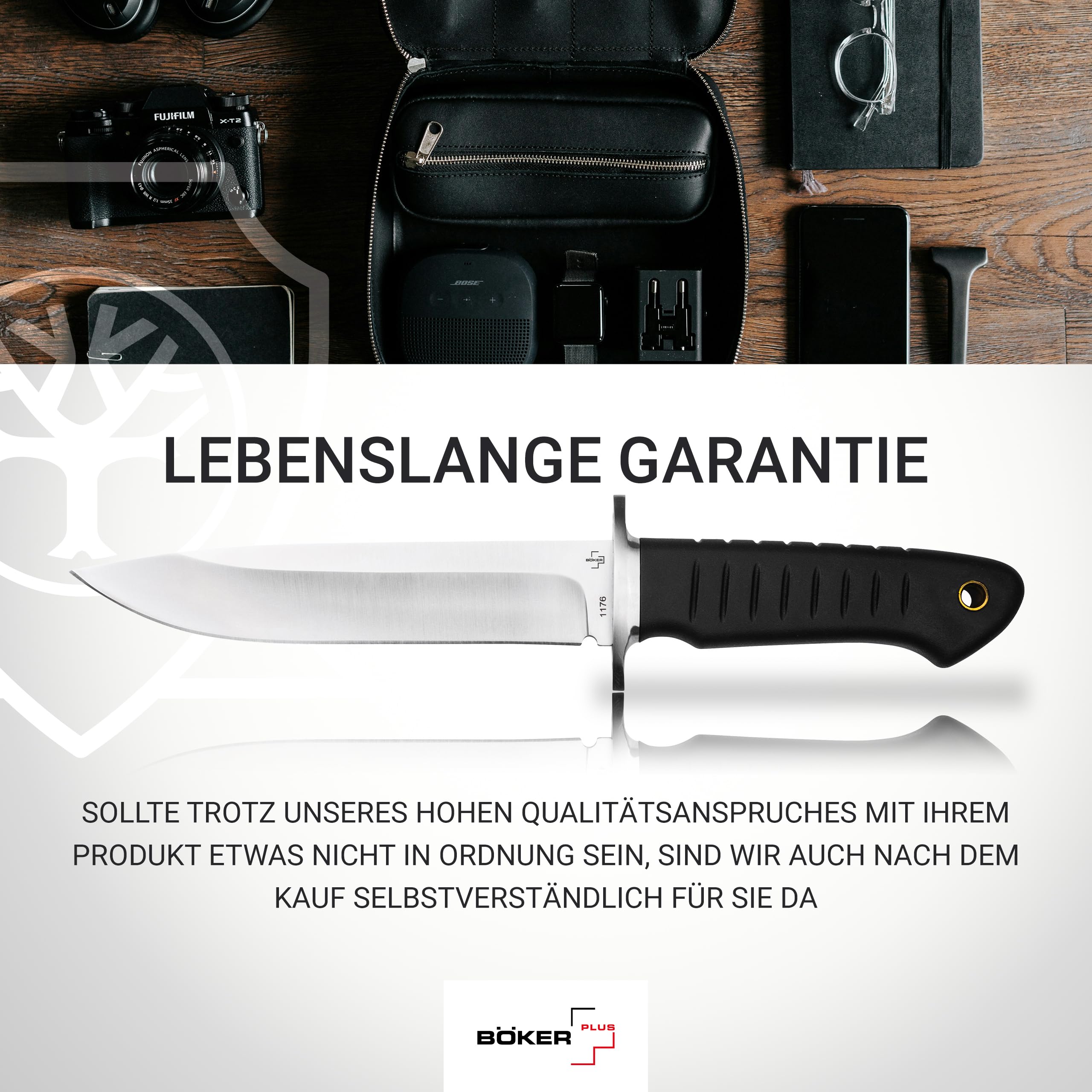 BÖKER PLUS® Sledgedog - großes Pfadfinder Fahrtenmesser - Profi Gürtel-Messer mit Droppoint Klinge - feststehendes Outdoor-Messer mit TPR Griff schwarz - Überlebensmesser mit Leder-Scheide