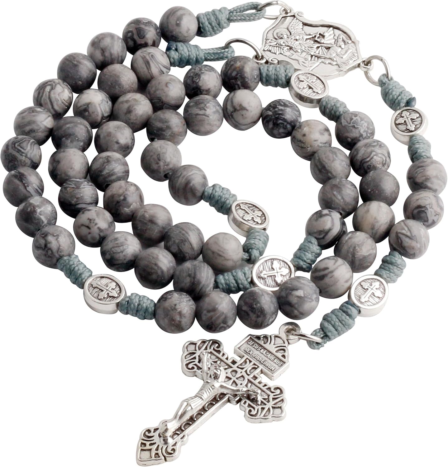HanlinCC 10mm Natural Stone Beads Handmade Saint Michael Paracord Rosary Necklace with Religious Pouch - Image 4