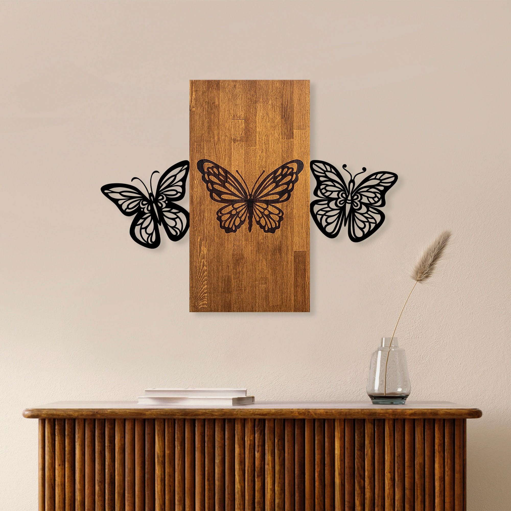 Elegant Decorative Wooden Wall Accessory, 74 x 58 cm, 100% Wood (3 cm) & Metal (1.5 mm), Stylish Walnut & Black Design, Easy Wall Mounting