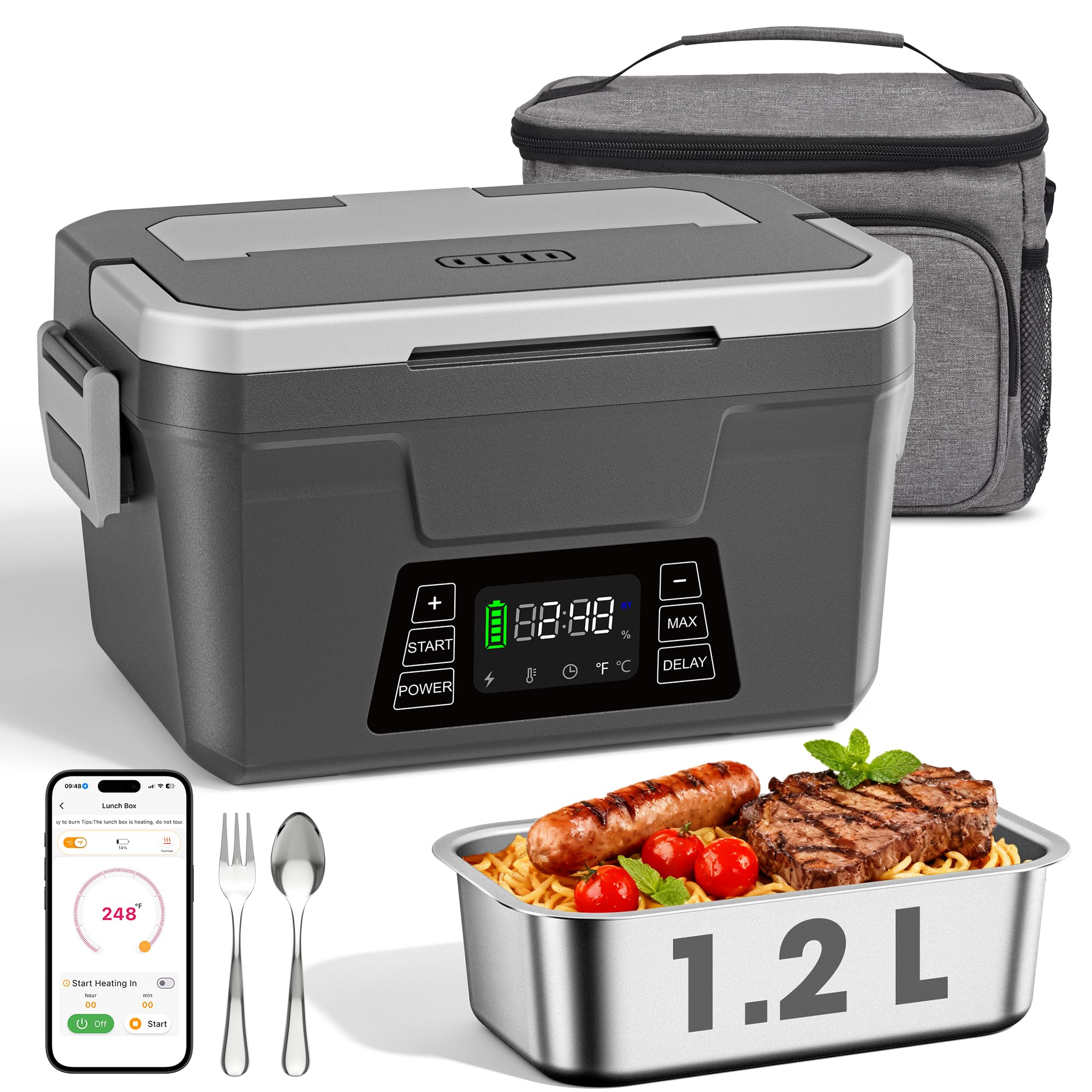 Cordless Electric Lunch Box for Adults with APP Control, 1.2L Portable Heated Lunch Box Battery Powered with Automatic Heating, Self-Heating Food Warmer for Work, 248°F Max, Leak Resistant