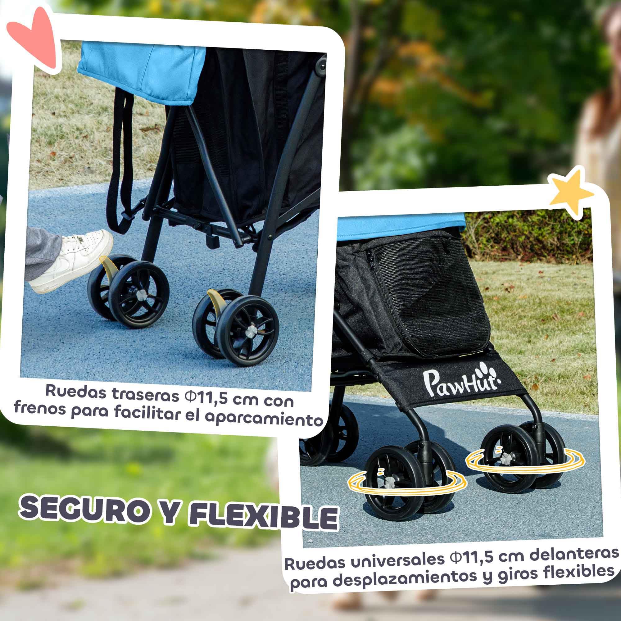 PawHut Cochecito para Perros Pequeños con Estructura de Paraguas Carrito para Perros Plegable con Cojín Lavable Portavaso Ventanas de Malla y Bolsa de Almacenamiento 76x44x103 cm Azul