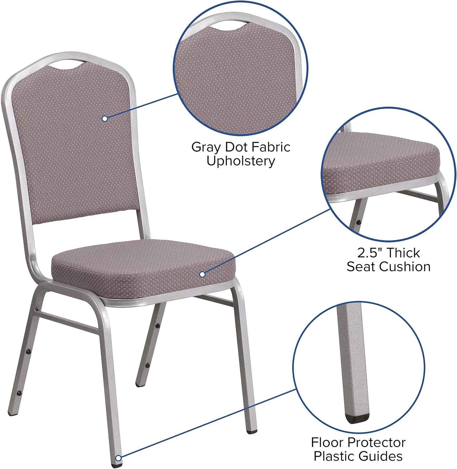 BOWERY HILL Modern Fabric Banquet Stack Chair, Silver and Gray Finish, Crown Back Design, 2.5 in Thick Seat Cushion, 16 Gauge Steel Frame, Stackable for Banquet Hall, Event, or Office Use