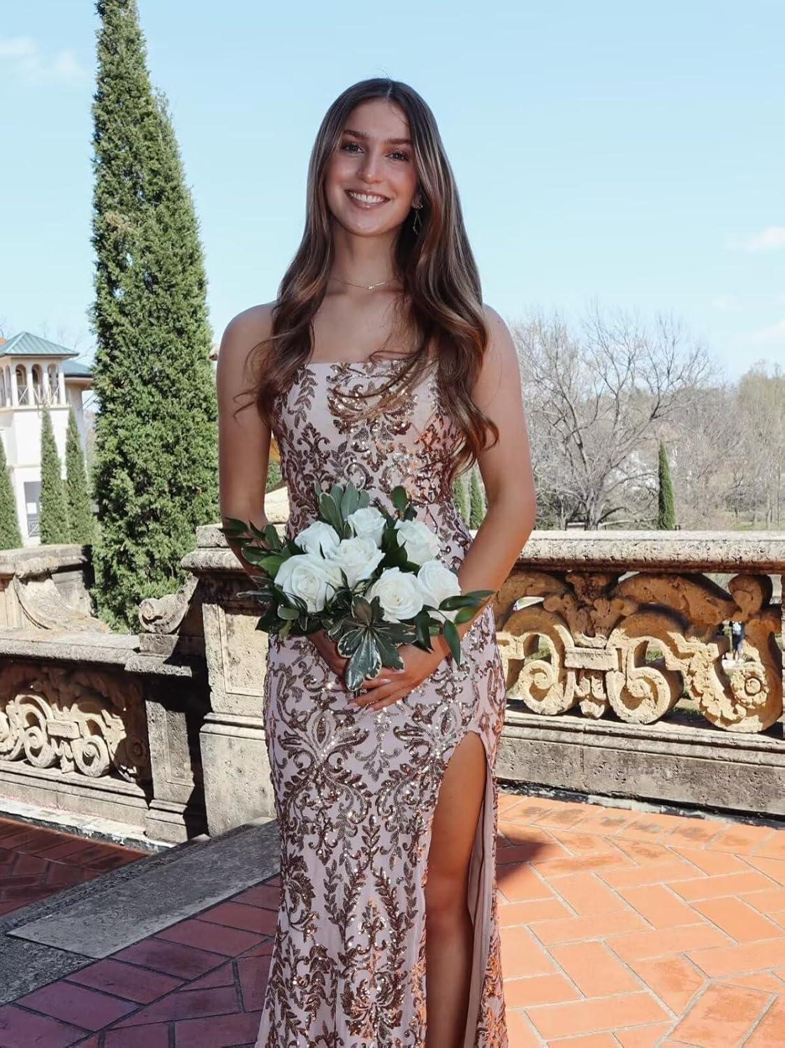 Smileven Sequin Spaghetti Straps Prom Dresses for Women 2025 Long Sparkly Bodycon Formal Evening Gowns with Slit