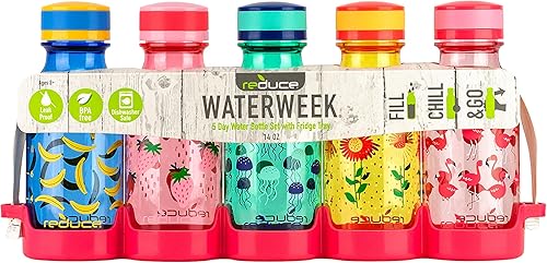 Miniatura 3 de REDUCE WaterWeek - Botellas de agua reutilizables Tritan de 14 onzas, incluye 5 botellas a prueba de fugas y bandeja para refrigerador, sin BPA y