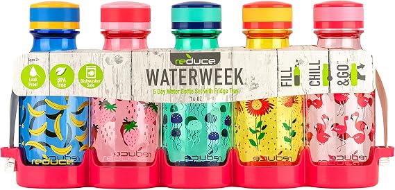 REDUCE WaterWeek 14 oz Tritan Reusable Water Bottles - Includes 5 Leak Proof Bottles and Fridge Tray - BPA Free and Dishwasher Safe
