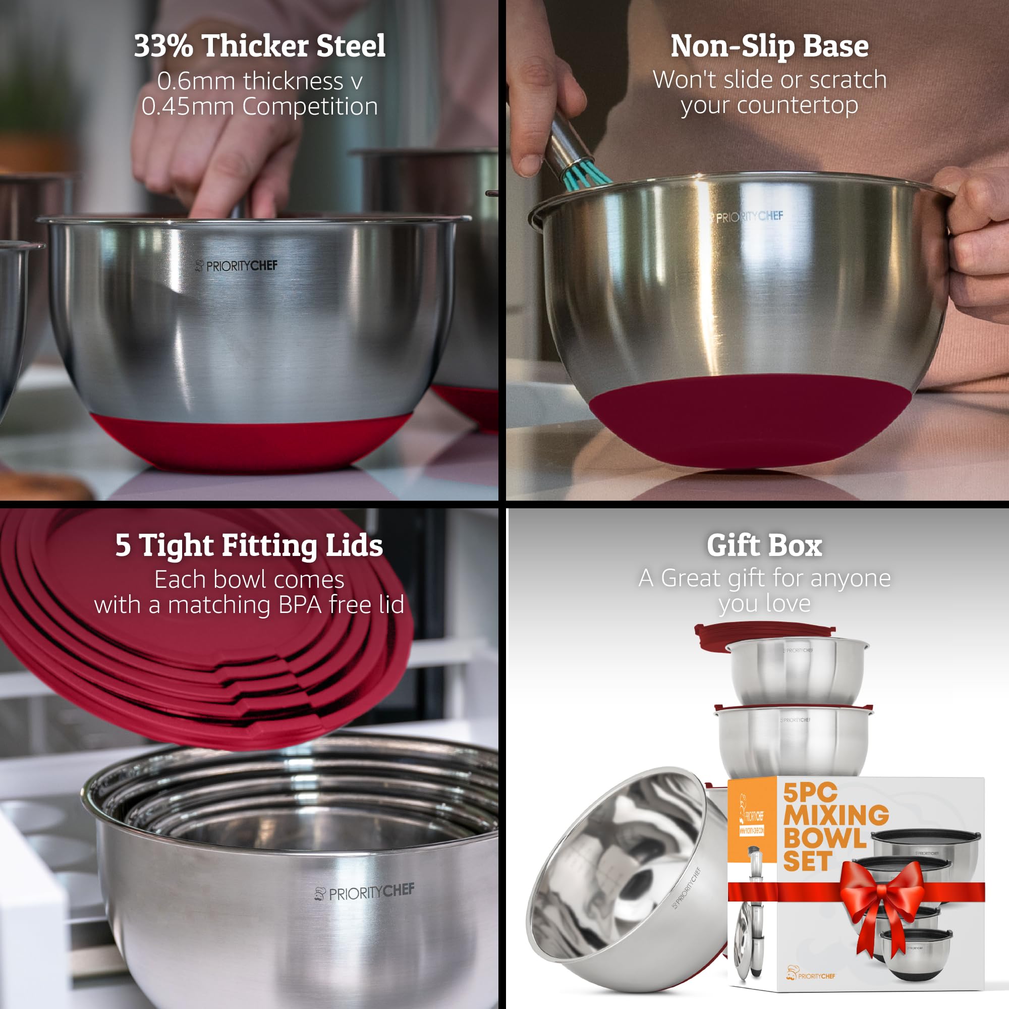Priority Chef Set di ciotole di alta qualità con coperchi ermetici, set di ciotole in acciaio inossidabile più spesse, grandi ciotole in metallo con coperchi, ciotole per nidificazione per cucina,