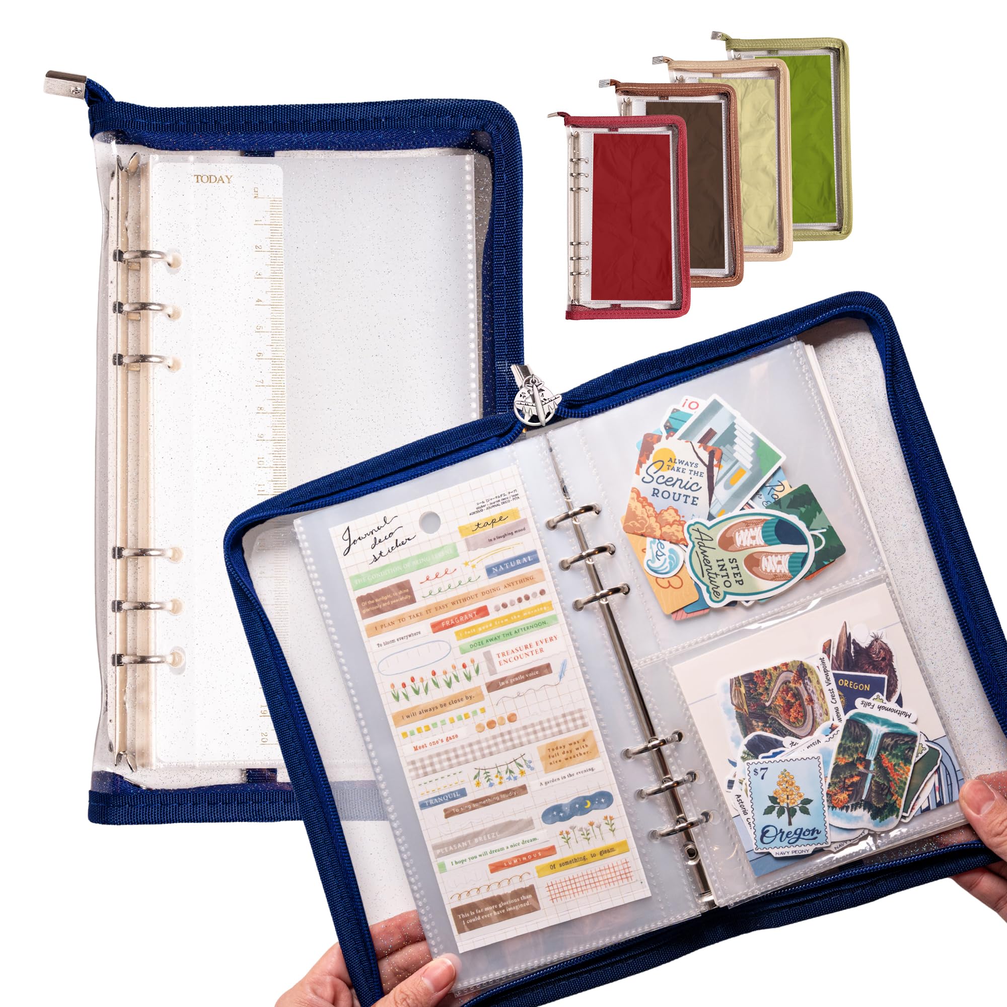 Navy Peony Wander Keeper Slim Stationery Binder (Atacama Midnight) - A5 Slim Sleeves, Curated Travel Colours, Portable Zipped Organiser - for Stickers, Photo Cards