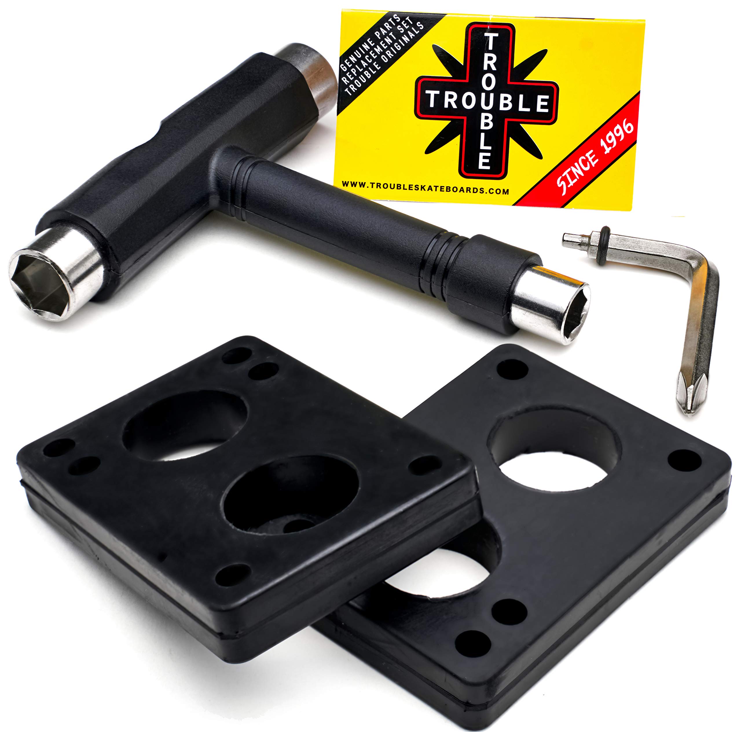 TROUBLE SKATEBOARDS Tool Riser Pads 12mm + Skateboard Hardware Tool with Key (H26) - 17pc Set - Carbon Steel - Skateboarding, Longboarding, Scooter & Bike Maintenance