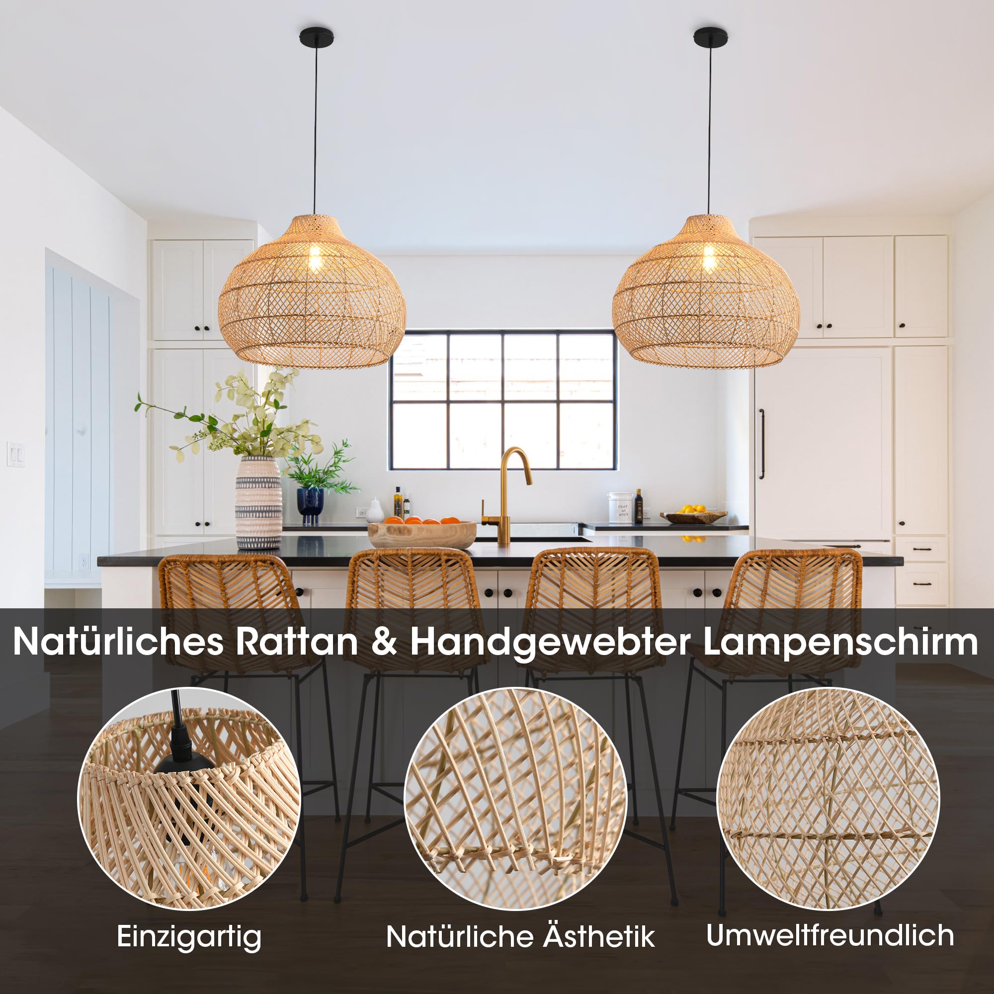 Parrot Uncle Große Rattan-Pendelleuchte, natürlicher Rattanschirm, Eisengestell, höhenverstellbar, E27-Fassung, 60 cm, für Wohnzimmer Esszimmer (Ohne Leuchtmittel) [Energieklasse A]