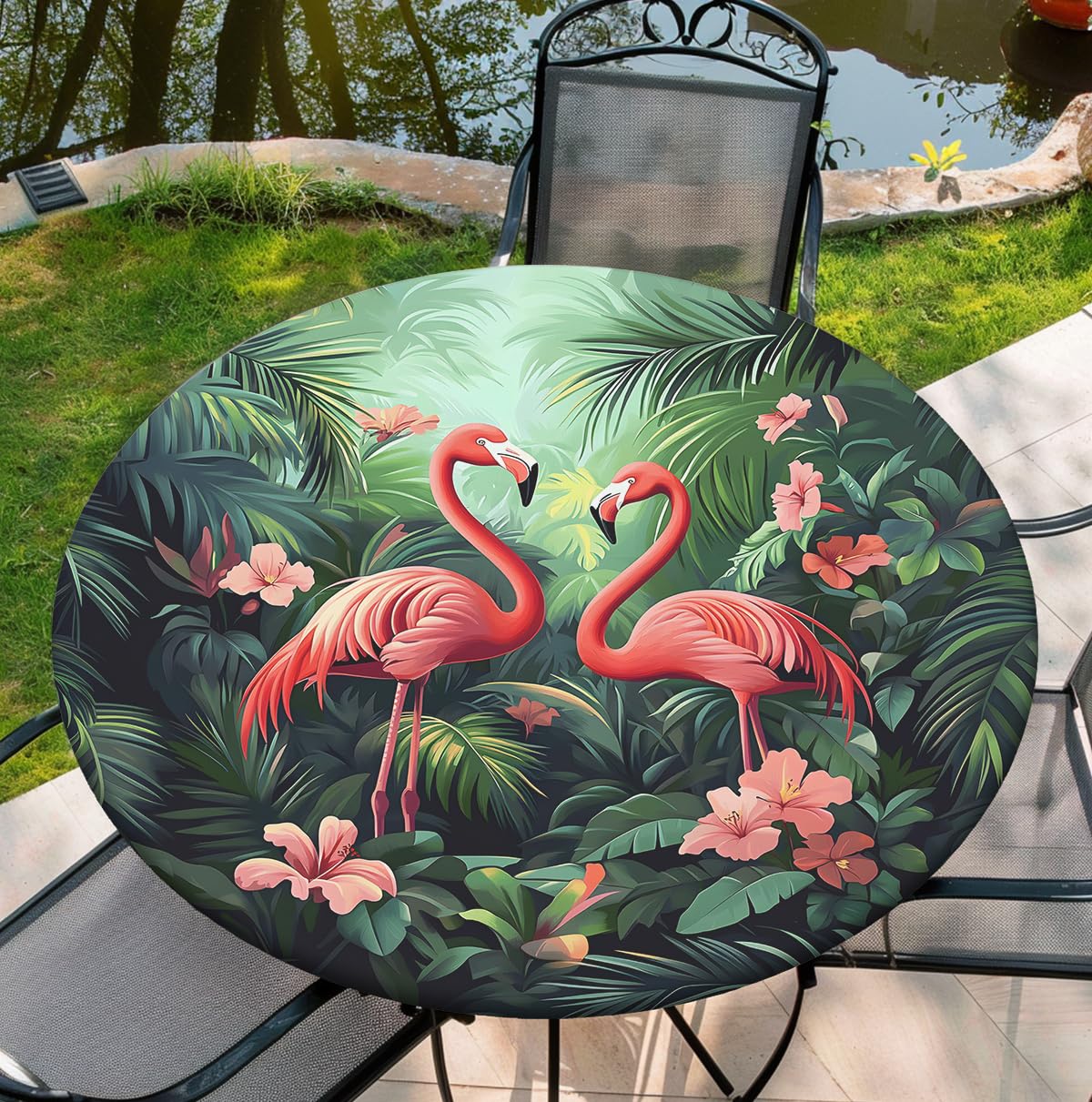 Photo 1 of Yesad Elastic Edged Round Fall Fitted Table Cloth Cover, Home Decorative Tablecloth for Indoor Outdoor Garden, 44Inch Tablecover, Flamingo