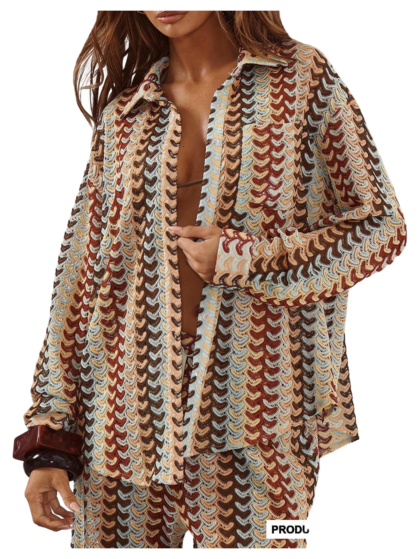 GORGLITTER Womens Oversized Boho Cardigan Open Front Kimono Crochet Striped Long Sleeve Western Collared Cardigan