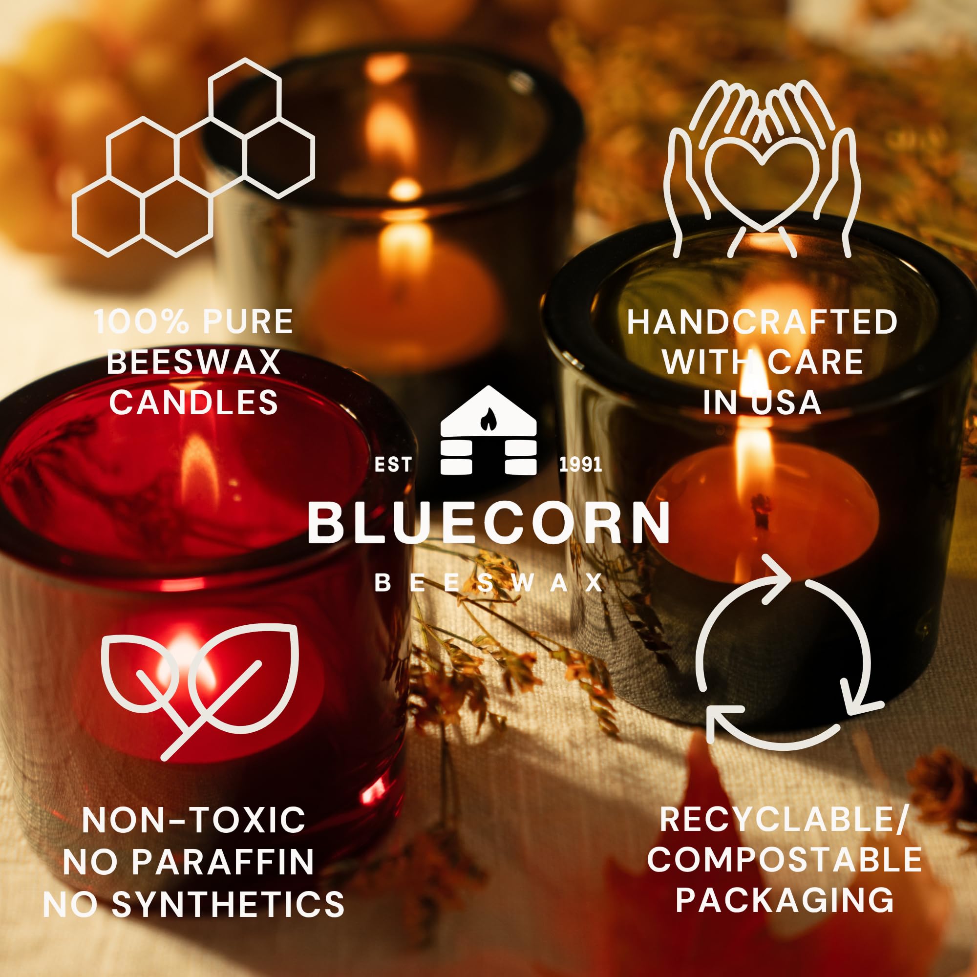 Bluecorn Beeswax Velas de té, cera de abejas 100 % pura y natural, velas de té amarillas, sin fragancia, sin parafina ni soja, combustión limpia, larga duración (4-5 horas), hechas en Estados Unidos