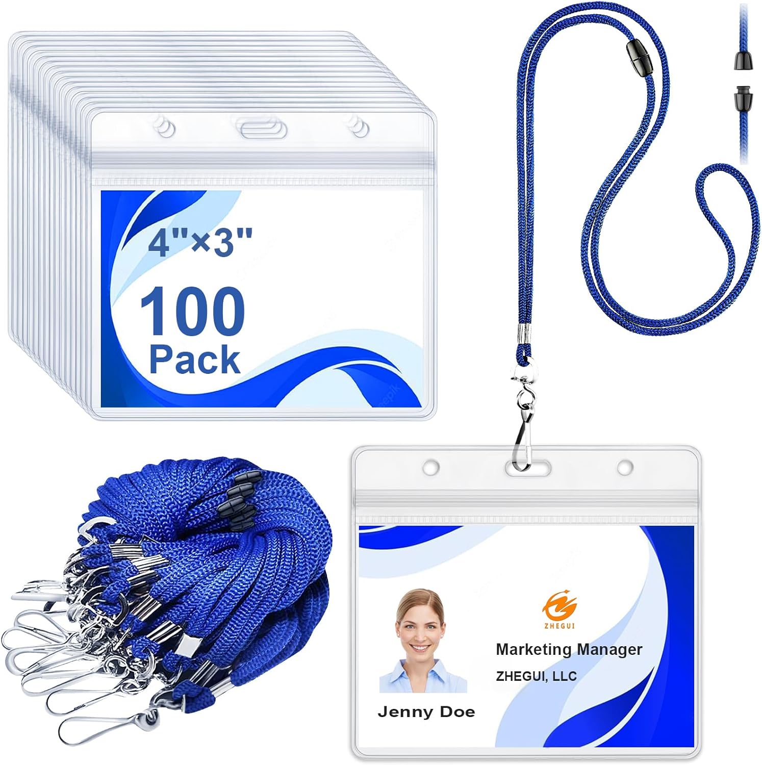 Breakaway Lanyards for ID Badges, 100 Pack Blue Lanyard with ID Holder, Horizontal 4x3 Clear Plastic Name Badge Holder with Lanyard, Waterproof Bulk Lanyards for School, Work, Cruise & Events, ZHEGUI